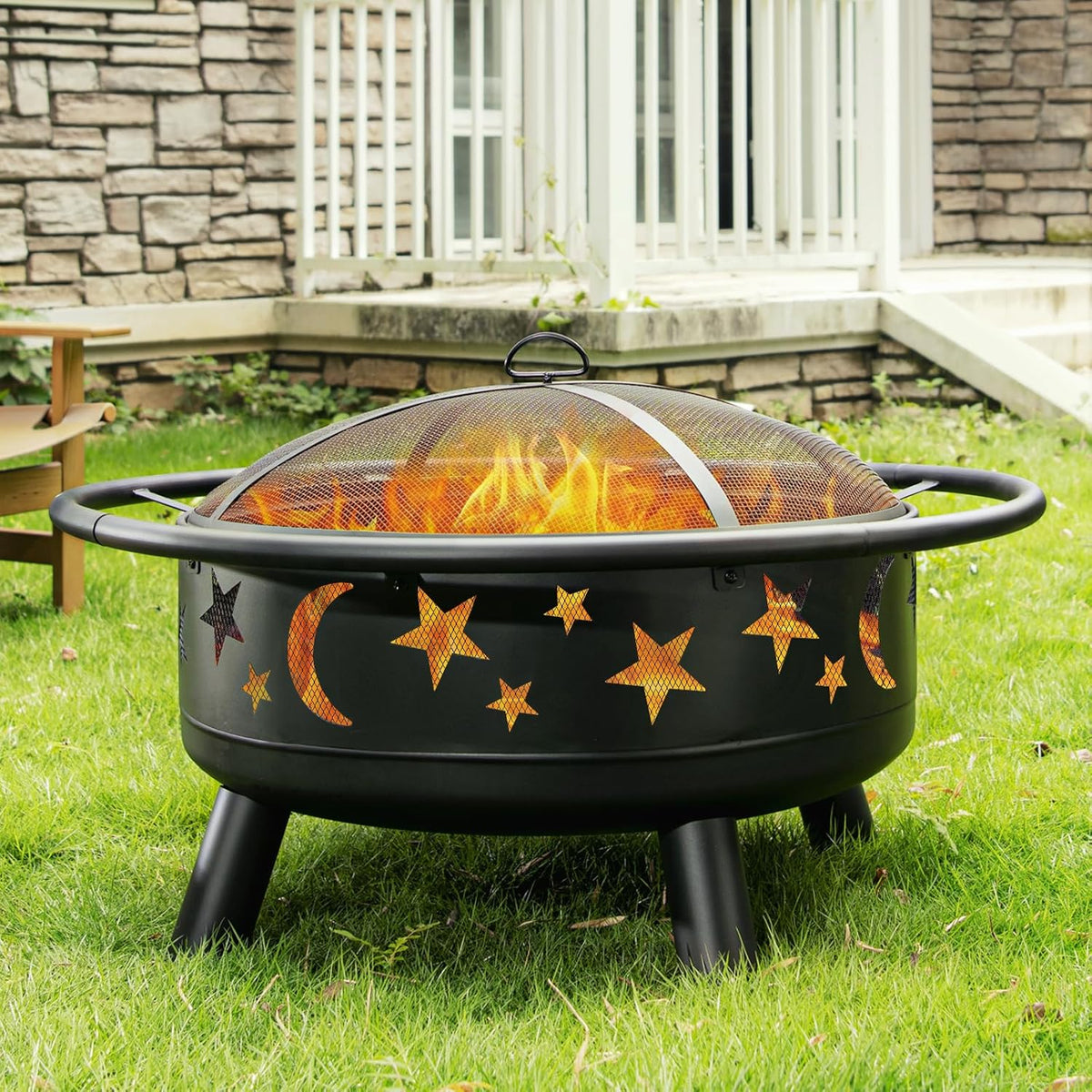 Vatră de foc pentru exterior NextWave®️, semineu design decorativ cu stele și lună, capac din plasă anti-scântei, vătrai și