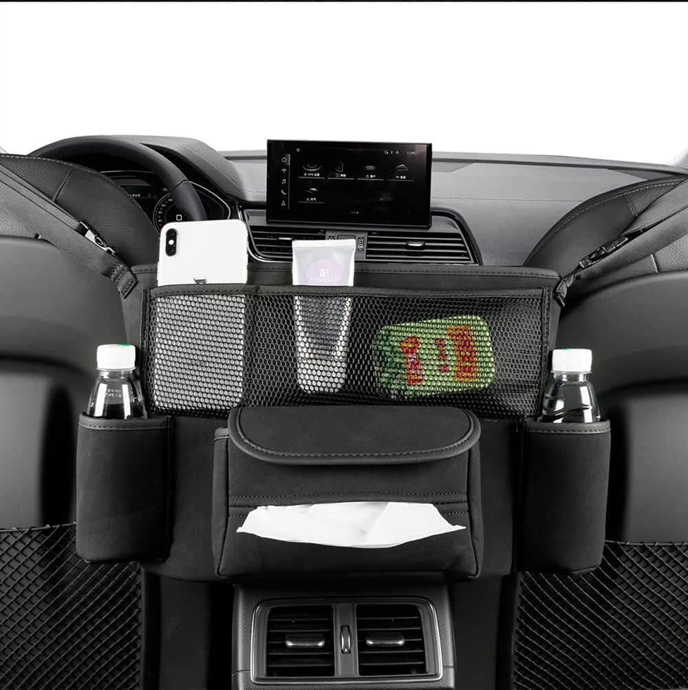Organizator intre scaune auto NextWave®️, suport pretios cu 5 compartimente, material suede & piele ecologica, capacitate