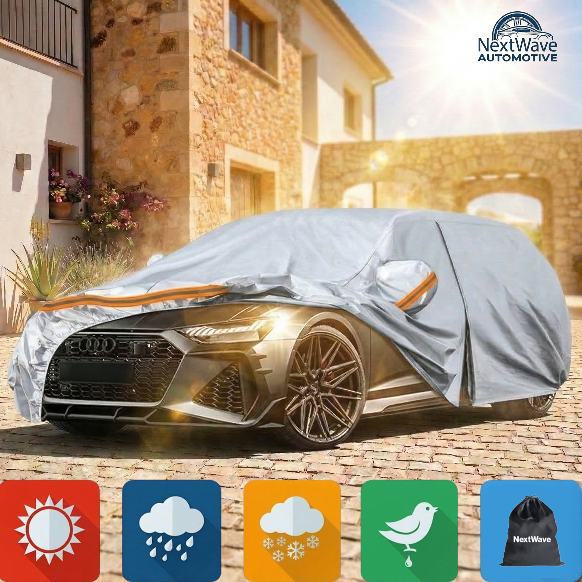 Prelata Auto Premium NextWave®️, Impermeabila, Protectie UV, Praf, Zapada, Inghet, Universala pentru Sedan, Buzunare