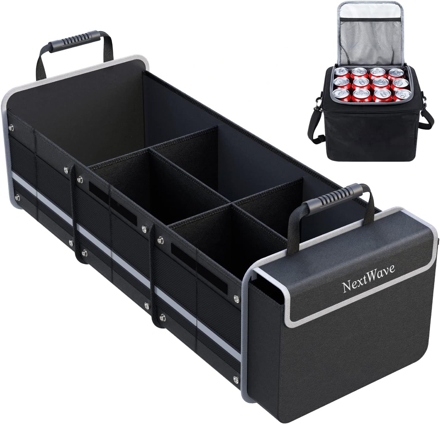 Organizator portbagaj auto cu Geanta Termica NextWave®️ si chingi de ancorare, Multifunctional, Pliabil, 6 compartimente