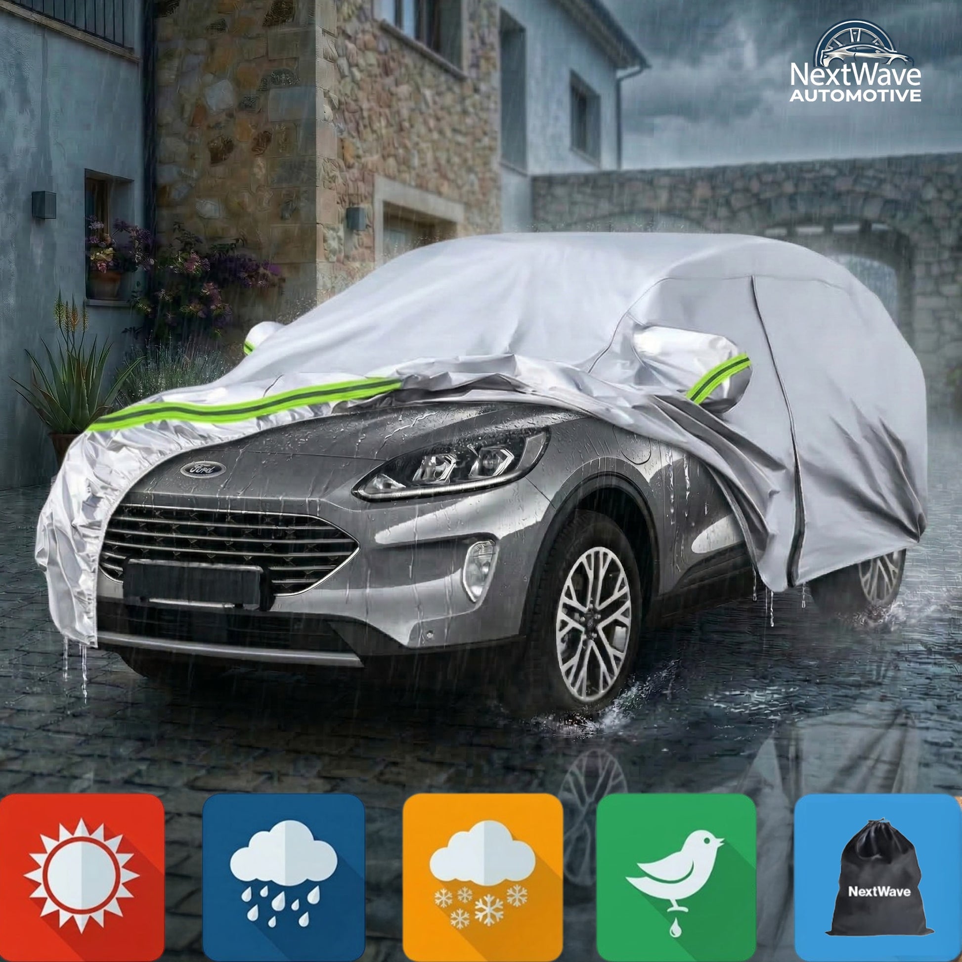 Prelata Auto Premium NextWave®️, Impermeabila, Protectie UV, Praf, Zapada, Inghet, Universala pentru SUV, Buzunare Oglinzi