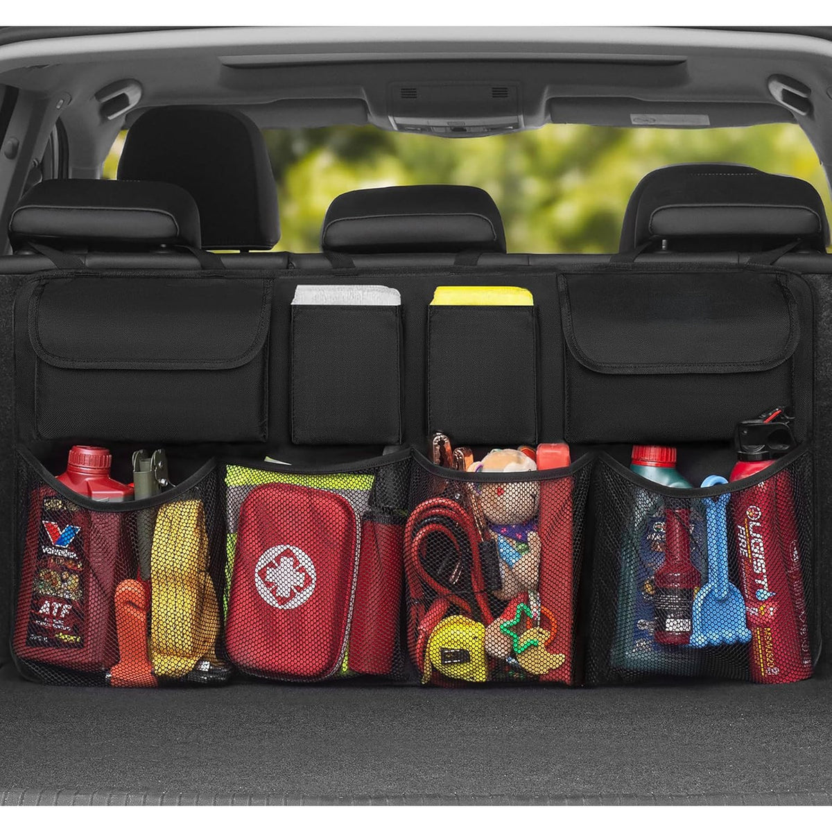 Organizator portbagaj auto suspendat NextWave®️, material Oxford 600D impermeabil, 8 buzunare incapatoare, benzi Velcro
