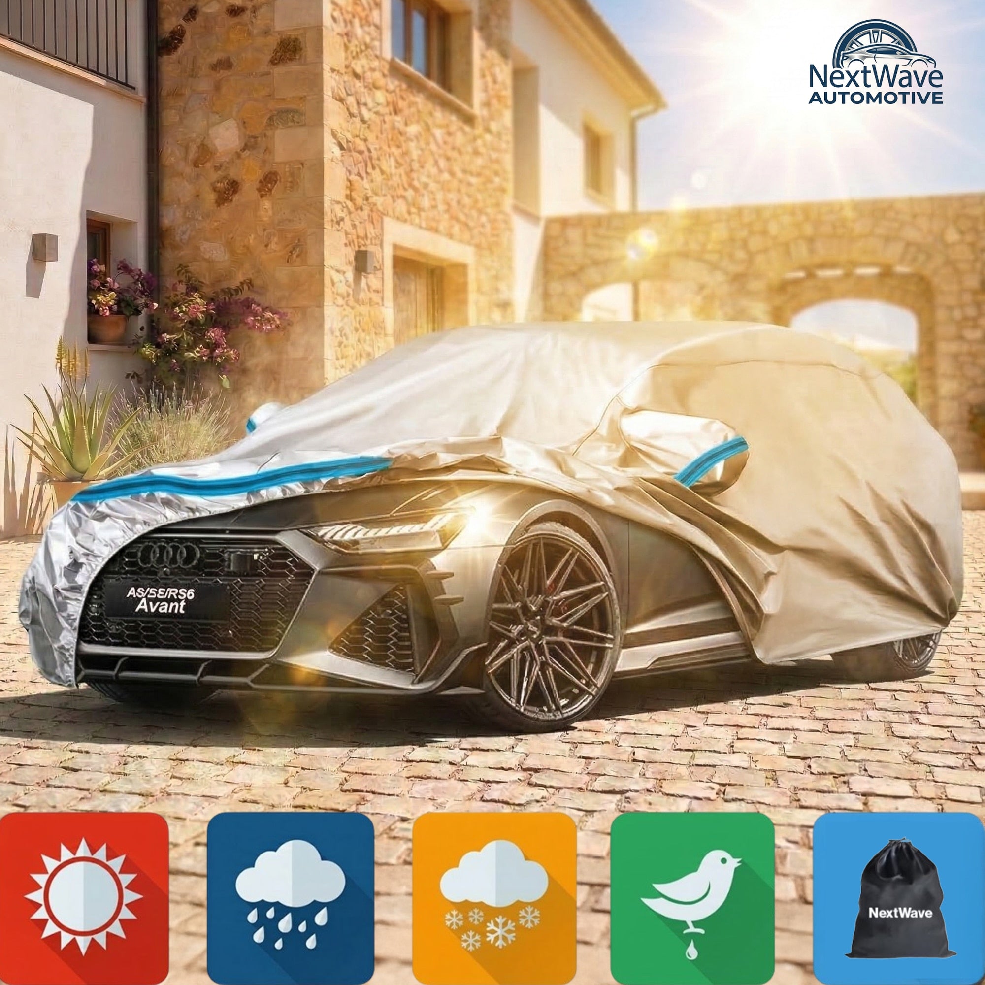 Prelata Auto Premium NextWave®️, Impermeabila, Protectie UV, Praf, Zapada, Inghet, Universala pentru Sedan, Buzunare