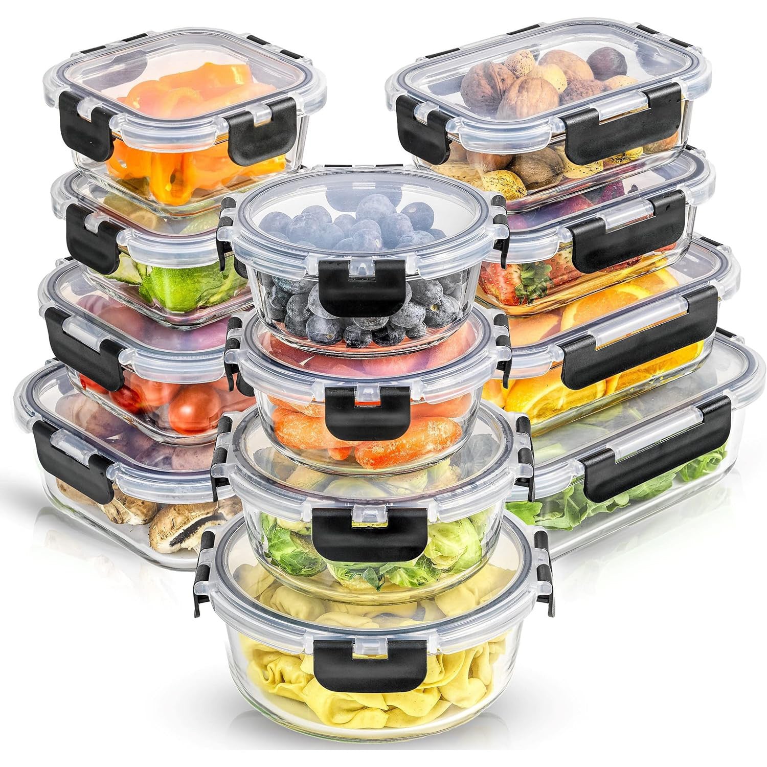 Set 12 Caserole Alimentare din sticla NextWave®️ Capace Etanse, Depozitare Frigider si Congelator, Potrivite pentru