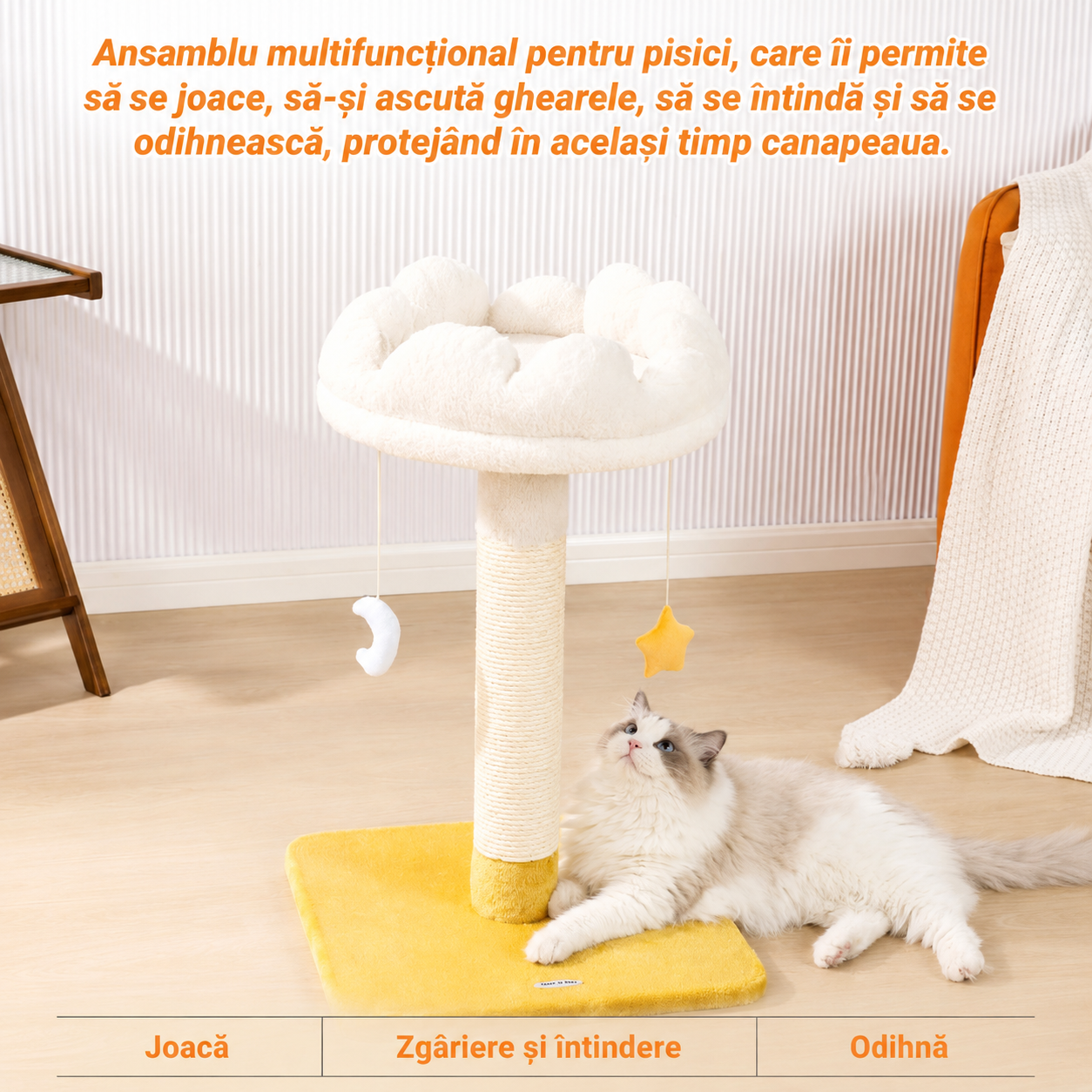 Ansamblu de joaca pentru pisici NextWave®, cu pat moale in forma de nor si husa detasabila lavabila, stalp gros de zgariat