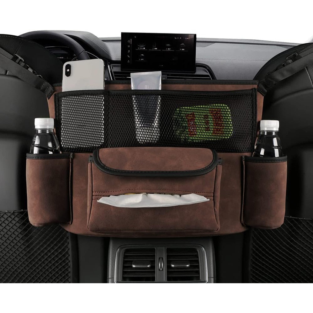 Organizator intre scaune auto NextWave®️, suport pretios cu 5 compartimente, material suede & piele ecologica, capacitate