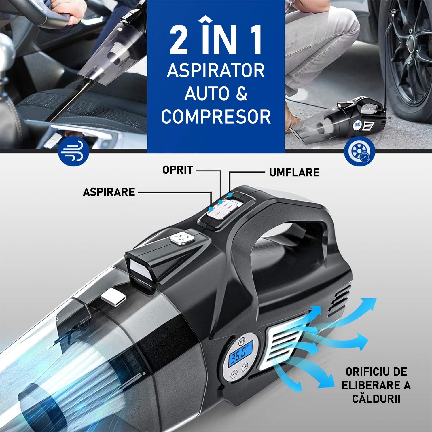 Aspirator Auto si Compresor Portabil Multifunctional cu Acumulator, Functie de Aspirare Umeda si Uscata, Umflare Roti cu