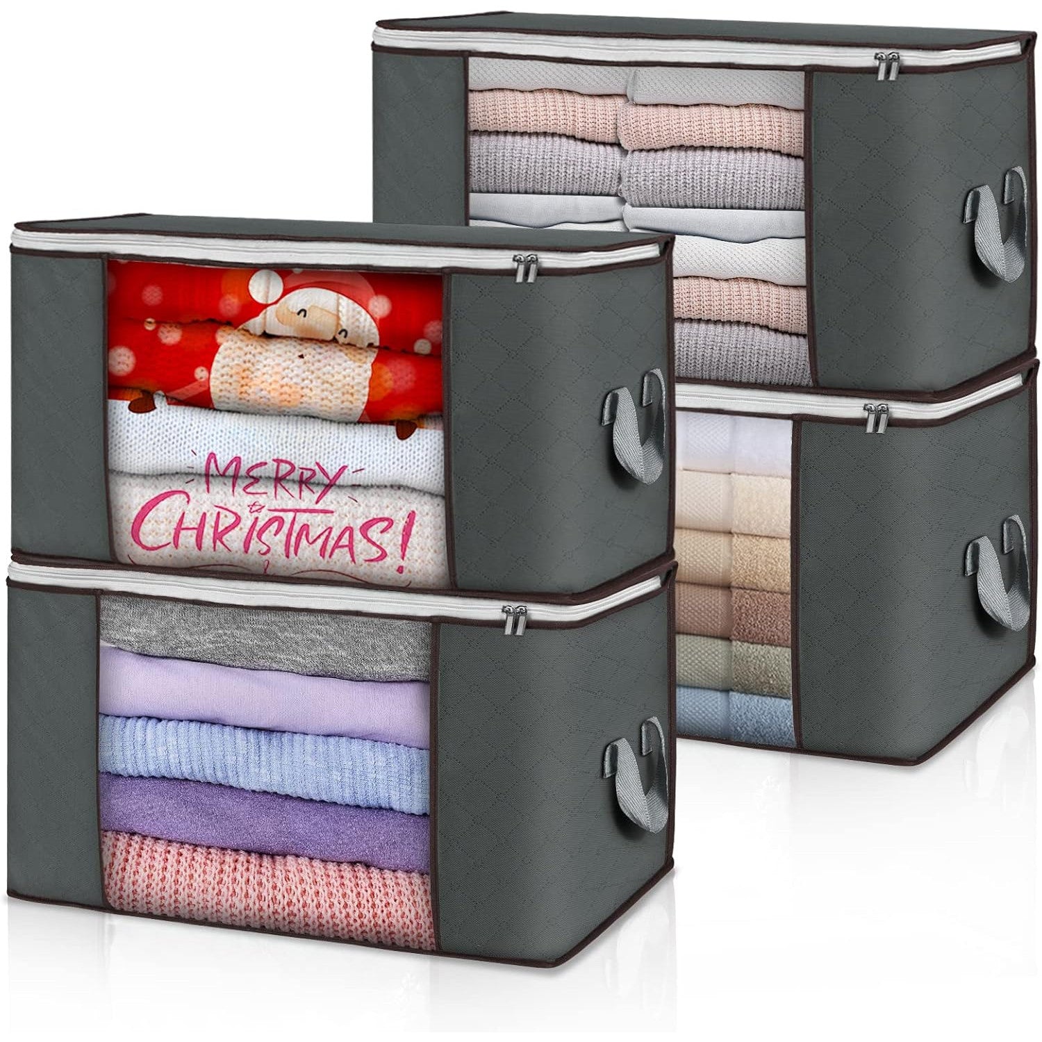 Set 4 huse depozitare cu fermoar NextWave®️, Organizator pentru haine, Cu fereastra transparenta, Rezistent la praf si