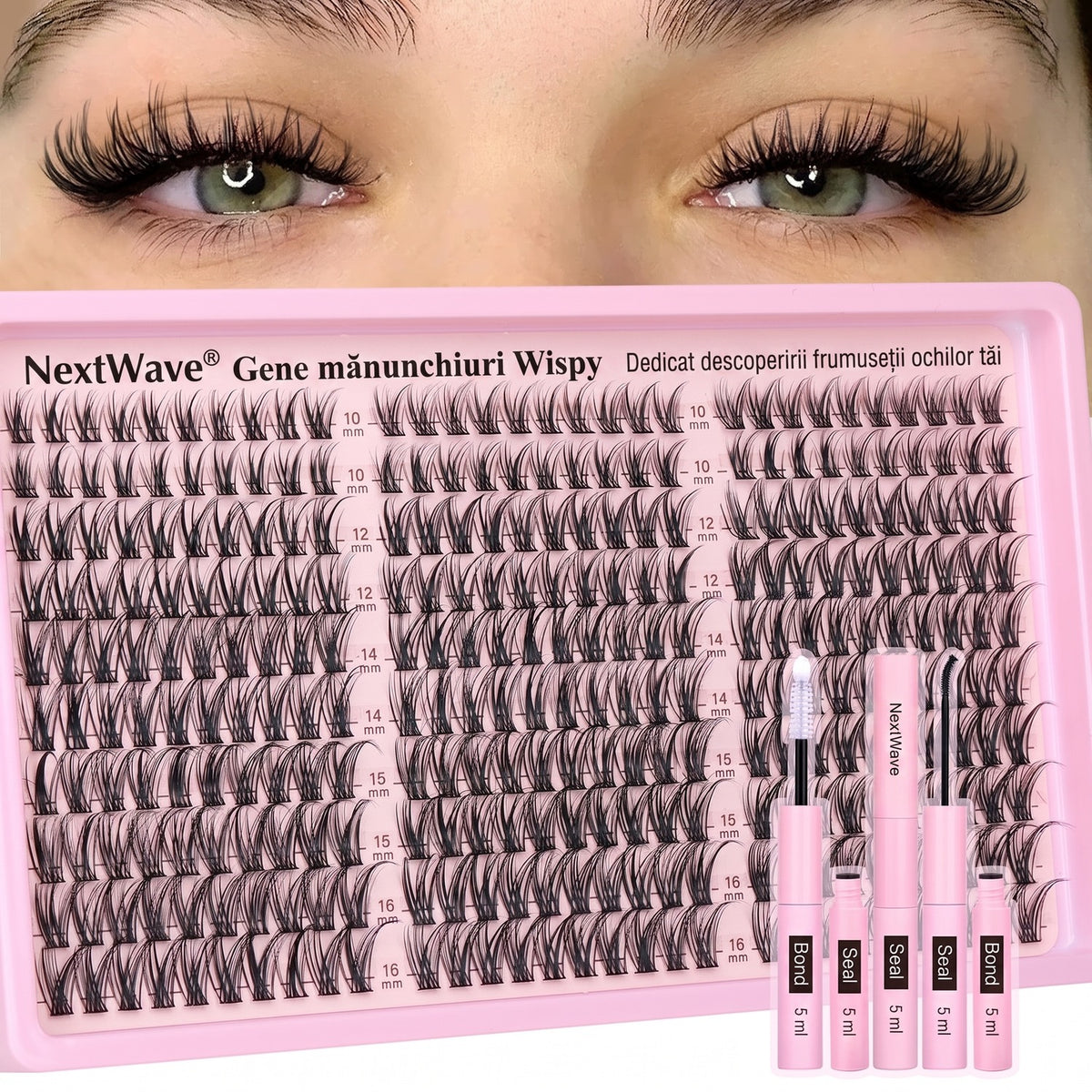 Kit extensii gene false tip mănunchiuri NextWave®️, aspect natural Wispy cu efect 3D, adeziv Bond și Seal rezistent 3-7