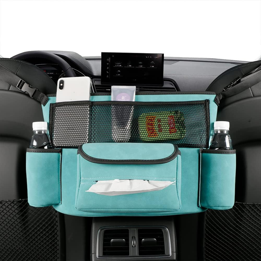 Organizator intre scaune auto NextWave®️, suport pretios cu 5 compartimente, material suede & piele ecologica, capacitate