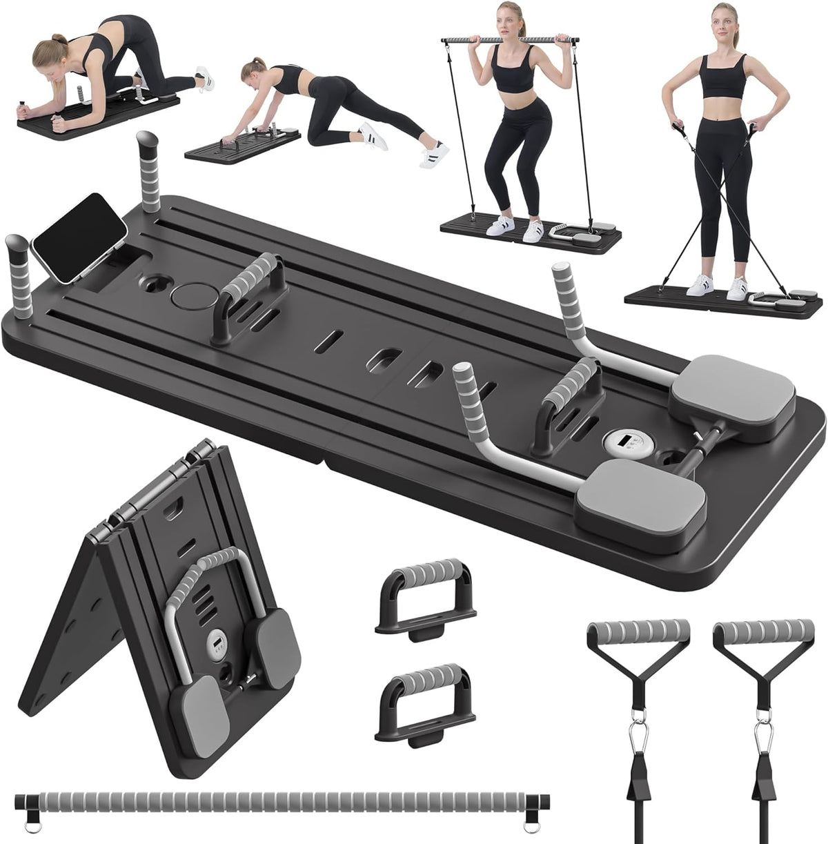 Placă Pilates Reformer 5 în 1 NextWave®️, aparat pliabil pentru antrenament complet și tonifierea corpului acasă, benzi