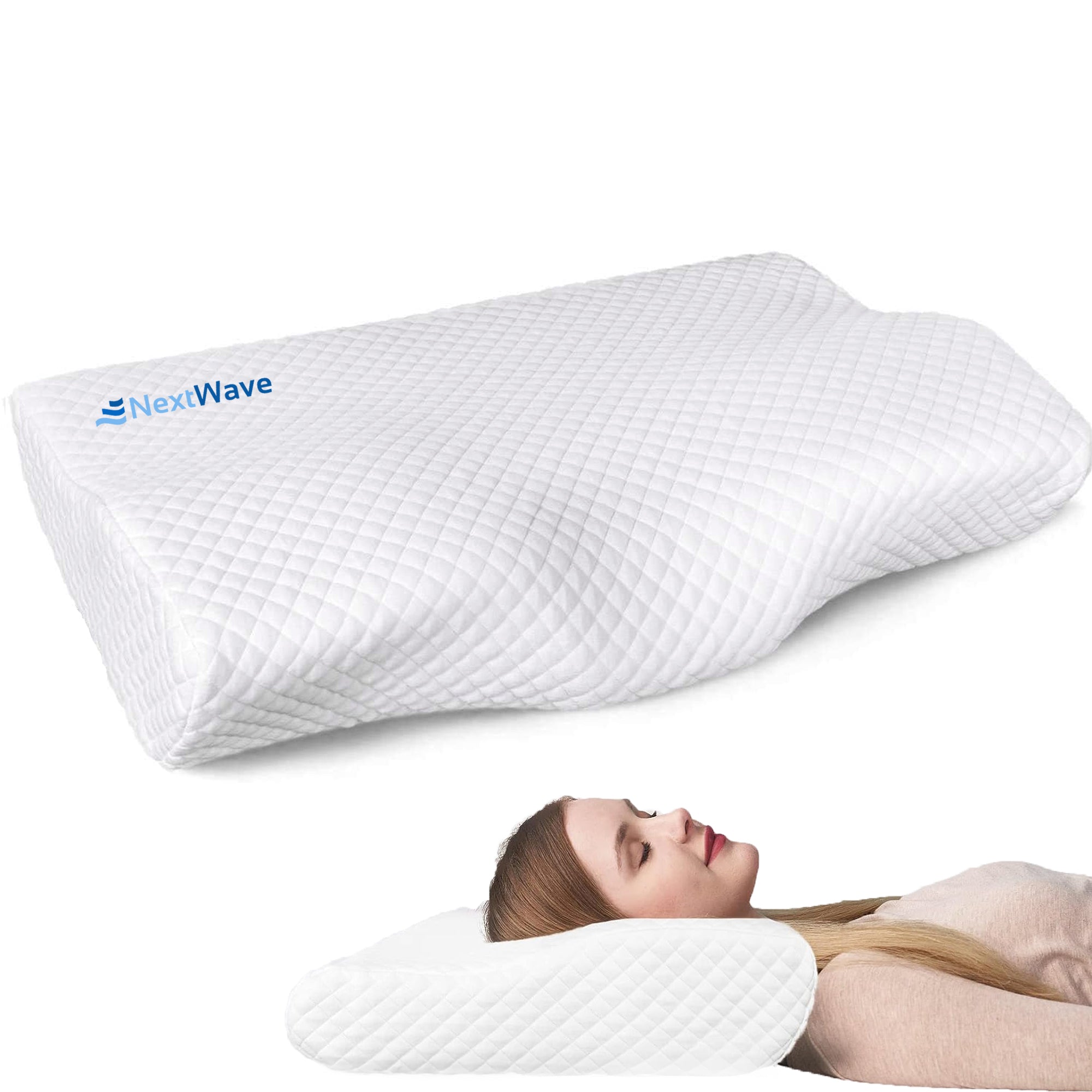 Perna ortopedica pentru dormit NextWave™, Spuma cu Memorie ergonomica pentru Gat si Suport Cervical, Husa detasabila