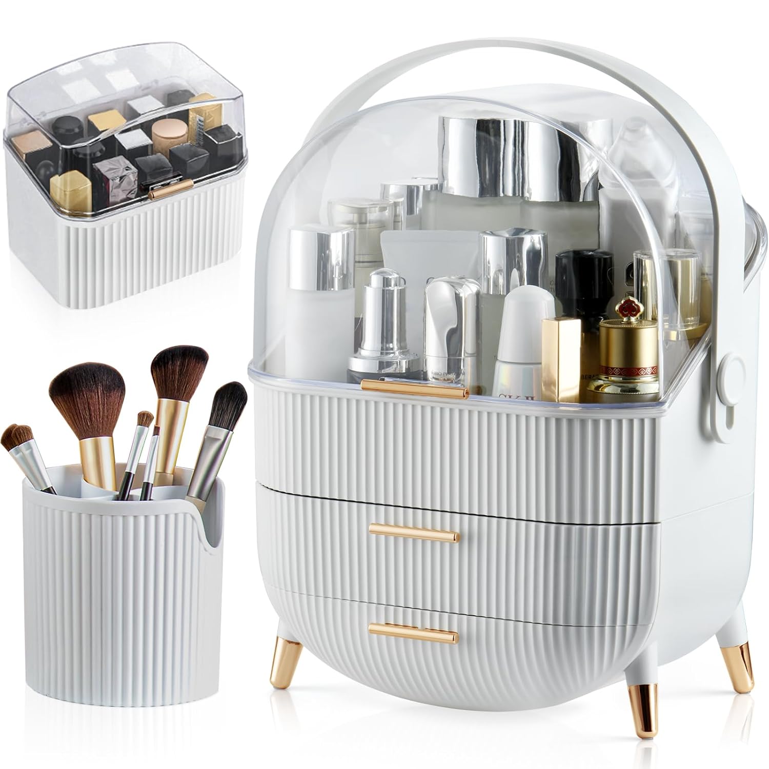 Organizator pentru cosmetice si bijuterii NextWave®, spatiu depozitare cu 2 sertare, vitrina, cutie pensule si rujuri