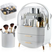 Organizator pentru cosmetice si bijuterii NextWave®, spatiu depozitare cu 2 sertare, vitrina, cutie pensule si rujuri