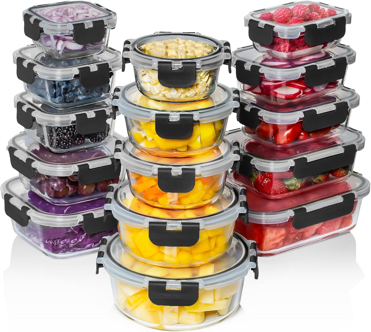 Set 15 Caserole Alimentare din sticla NextWave®️ Capace Etanse, Depozitare Frigider si Congelator, Potrivite pentru
