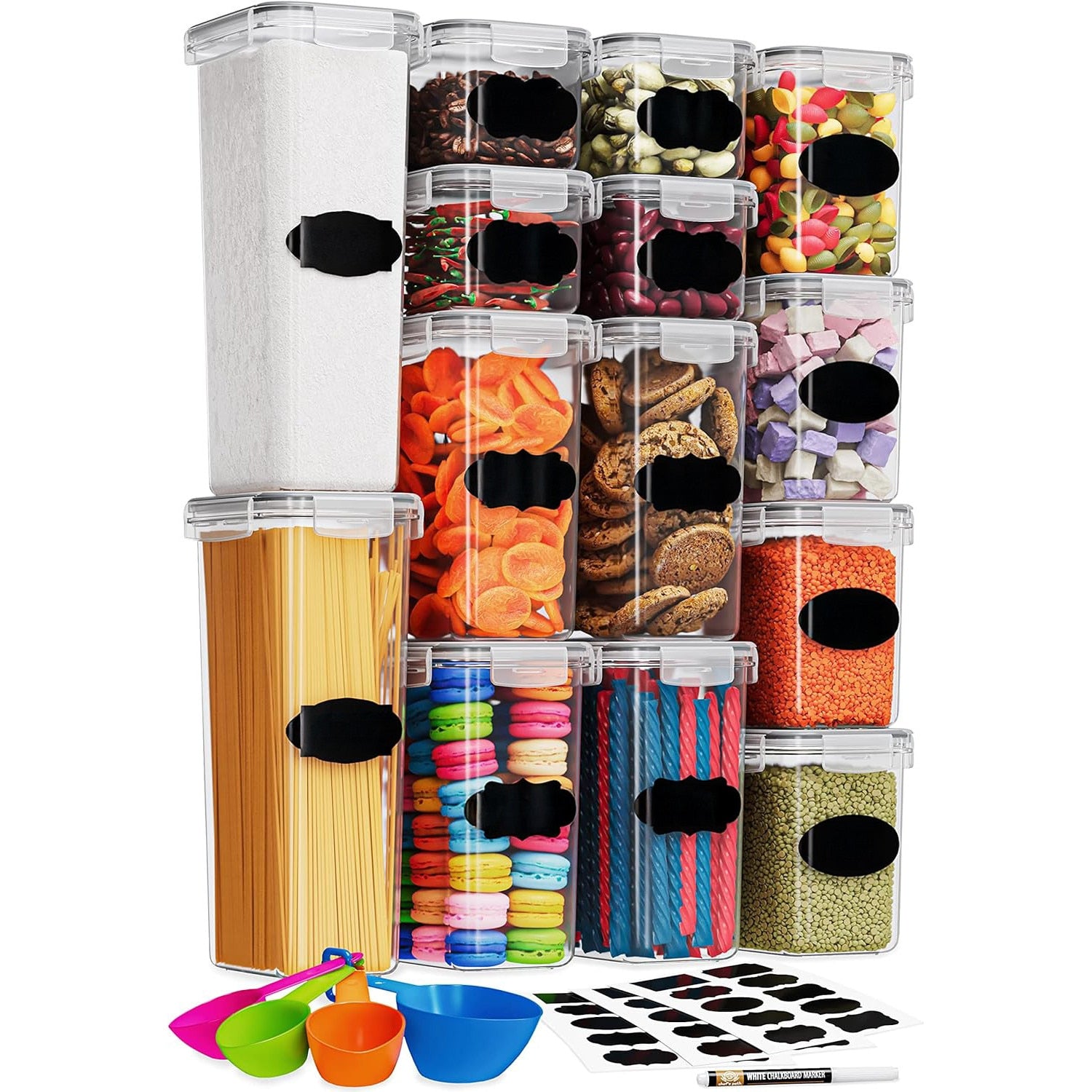 Set 14 recipiente depozitare alimente NextWave® – plastic alimentar transparent fara BPA, capace negre etanse, utilizabile