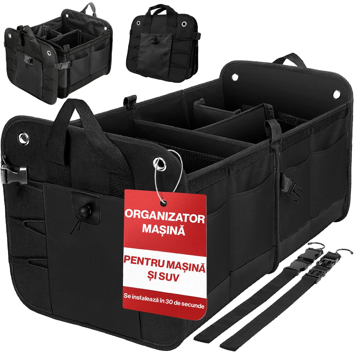 Organizator portbagaj auto pliabil NextWave®️ L, compartimentare personalizabila cu subdivizor detasabil, 2 buzunare mari