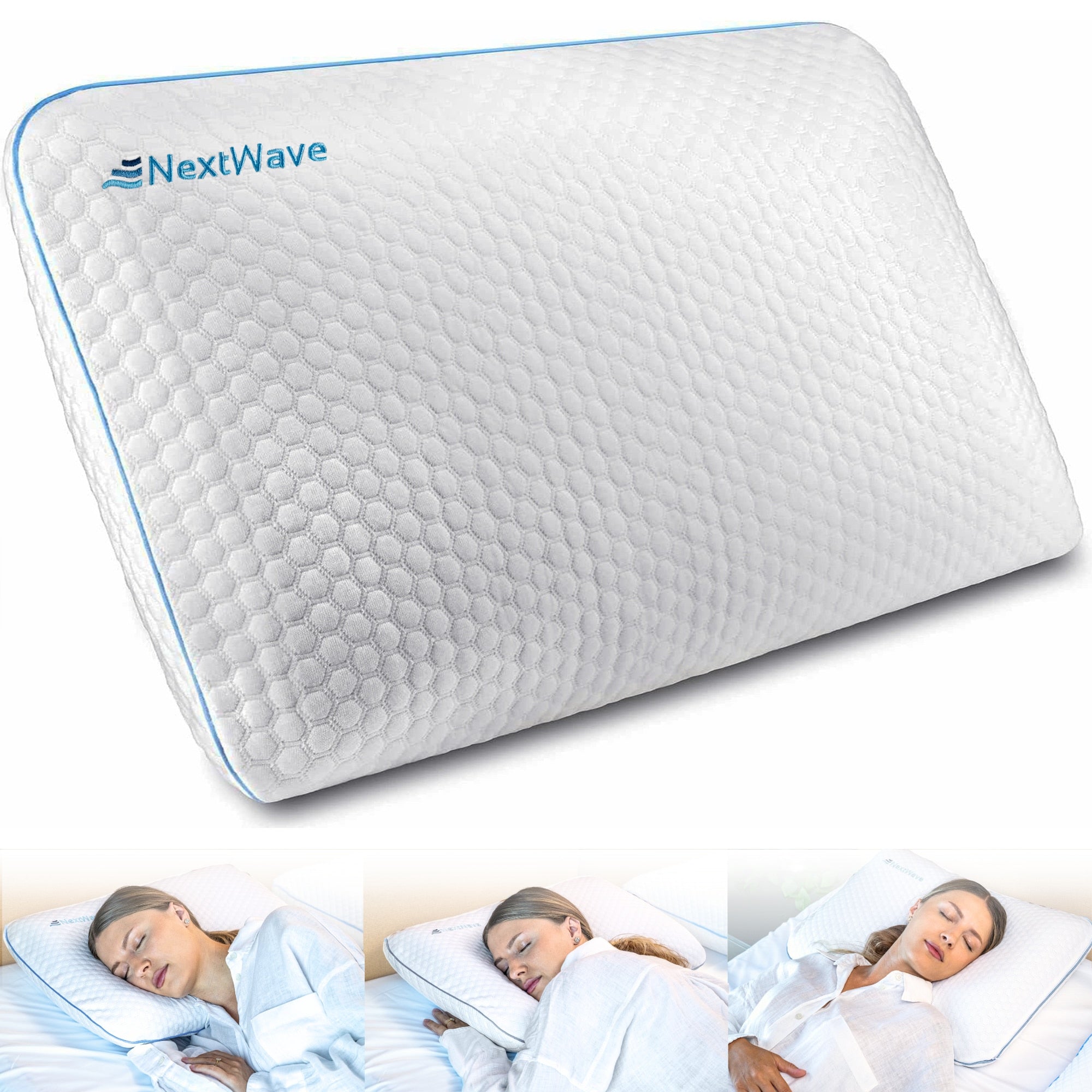 Perna ortopedica pentru dormit NextWave, Spuma cu Memorie cu gel ventilata, Husa detasabila cu 2 zone termice, ergonomica