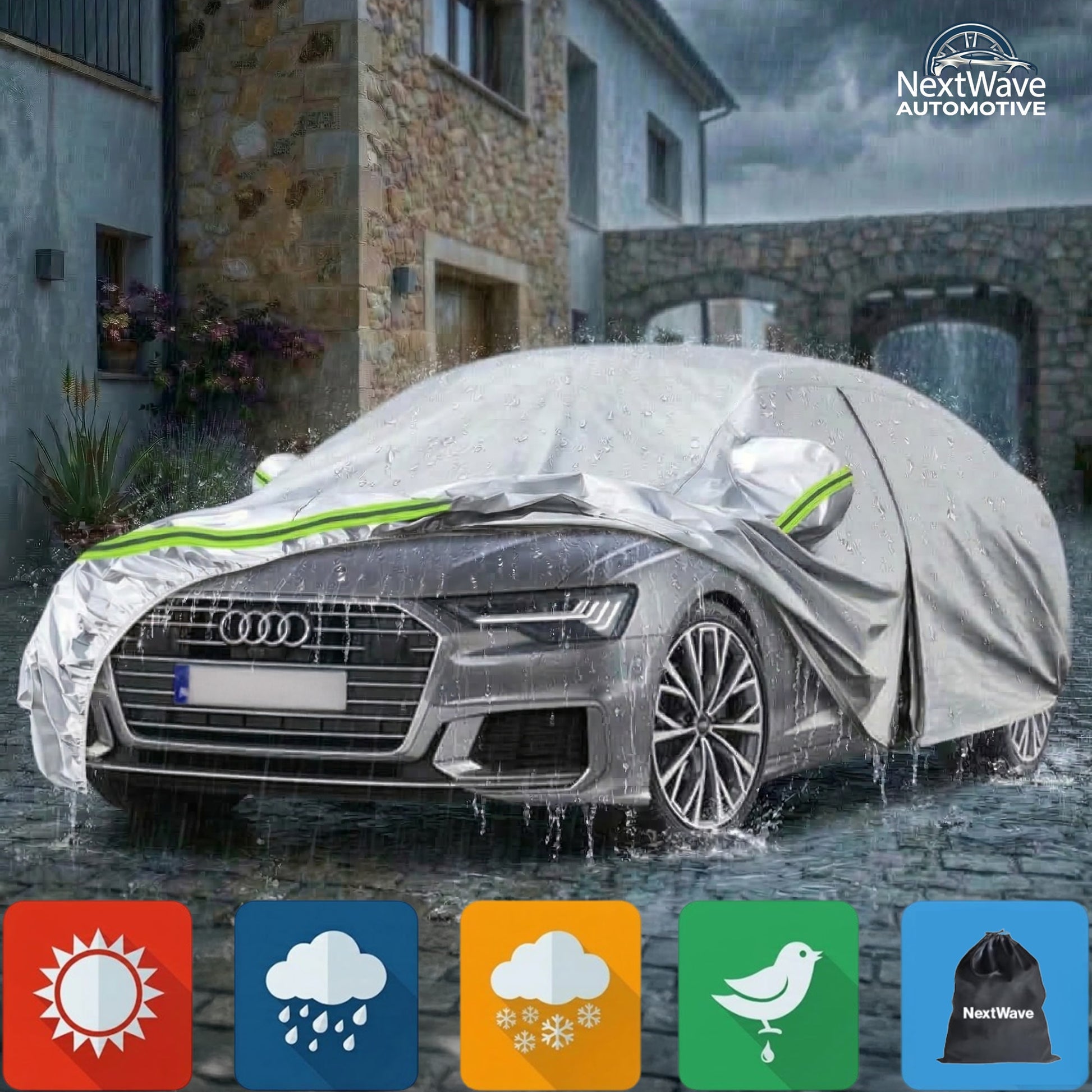 Prelata Auto Premium NextWave®️, Impermeabila, Protectie UV, Praf, Zapada, Inghet, Universala pentru Break, Buzunare