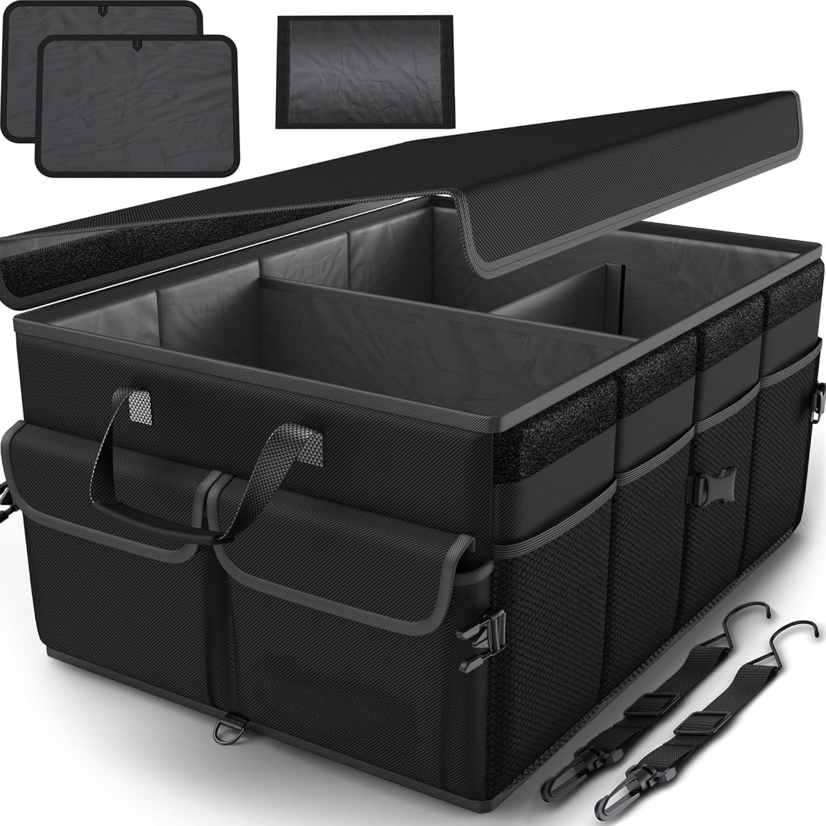 Organizator portbagaj auto pliabil NextWave®️, capacitate mare 55×40×26 cm, compartimentare cu separator detasabil, 2 placi