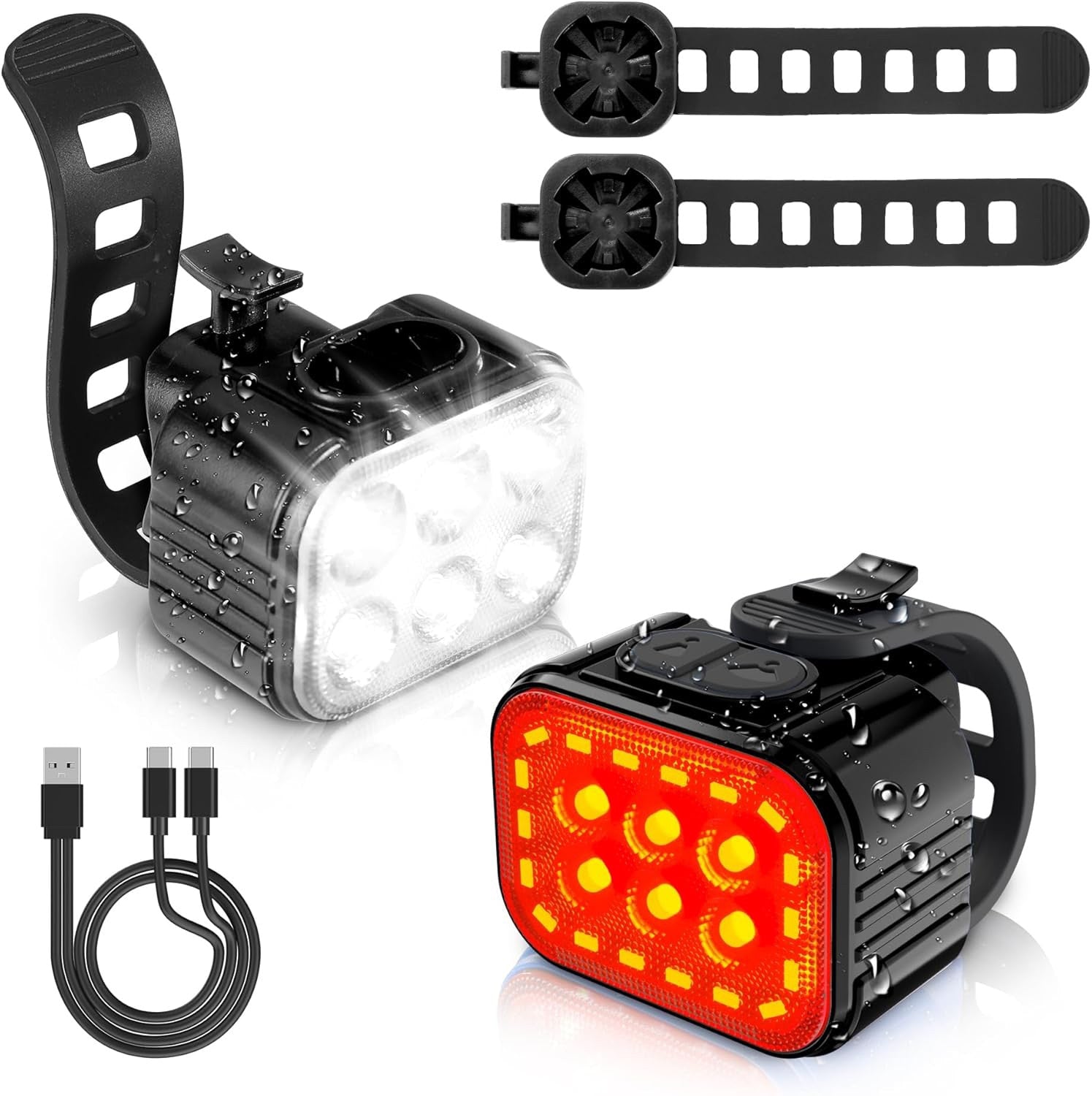 Set lumini bicicleta 25 de LED-uri, far bicicleta fata spate BeGenius®, USB reincarcabil cu acumulator 1100mAh, 4 Moduri de