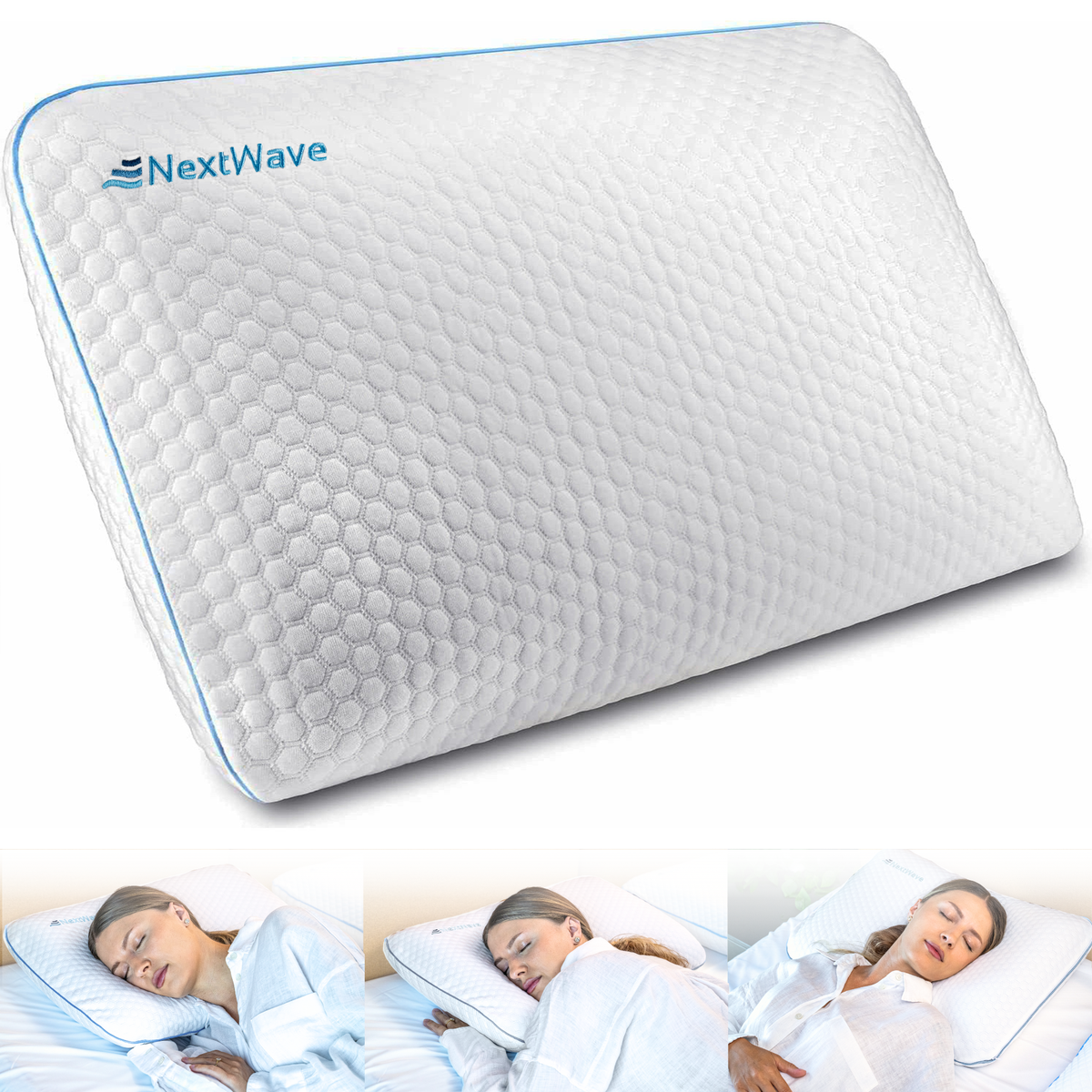 Perna ortopedica pentru dormit NextWave, Spuma cu Memorie cu gel ventilata, Husa detasabila cu 2 zone termice, ergonomica
