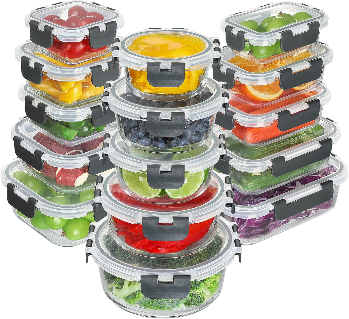Set 15 Caserole Alimentare din sticla NextWave®️ Capace Etanse, Depozitare Frigider si Congelator, Potrivite pentru