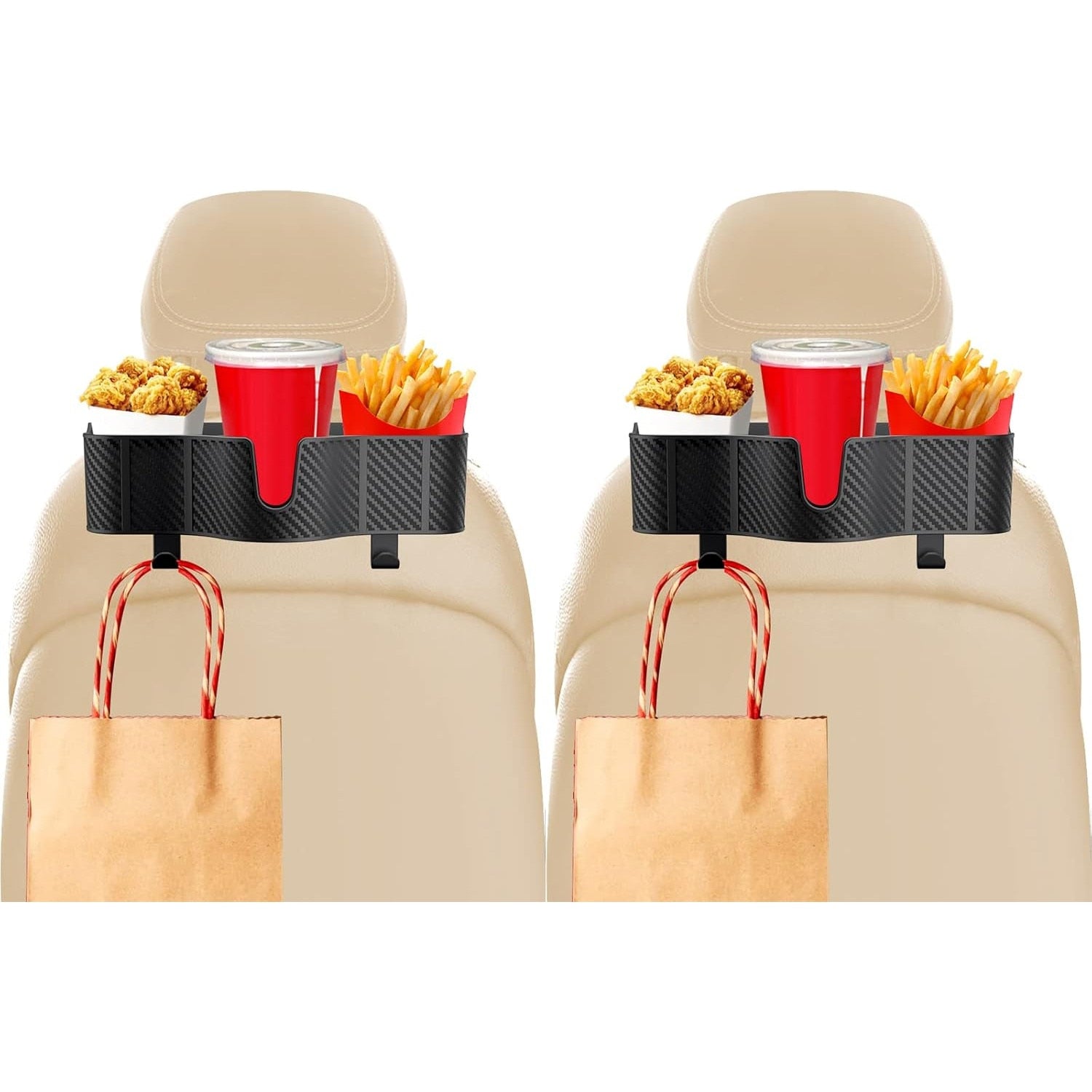 Set 2 Organizatoare Auto Spate NextWave®, 3-in-1 cu Suport Pahar, Depozitare Accesorii, Carlige Reglabile, Plastic Durabil