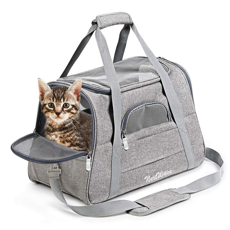 Geanta pentru transport animale mici NextWave®, pisica, caine, iepure, din panza, 44x28x25, baza rezistenta cu covoras, gri