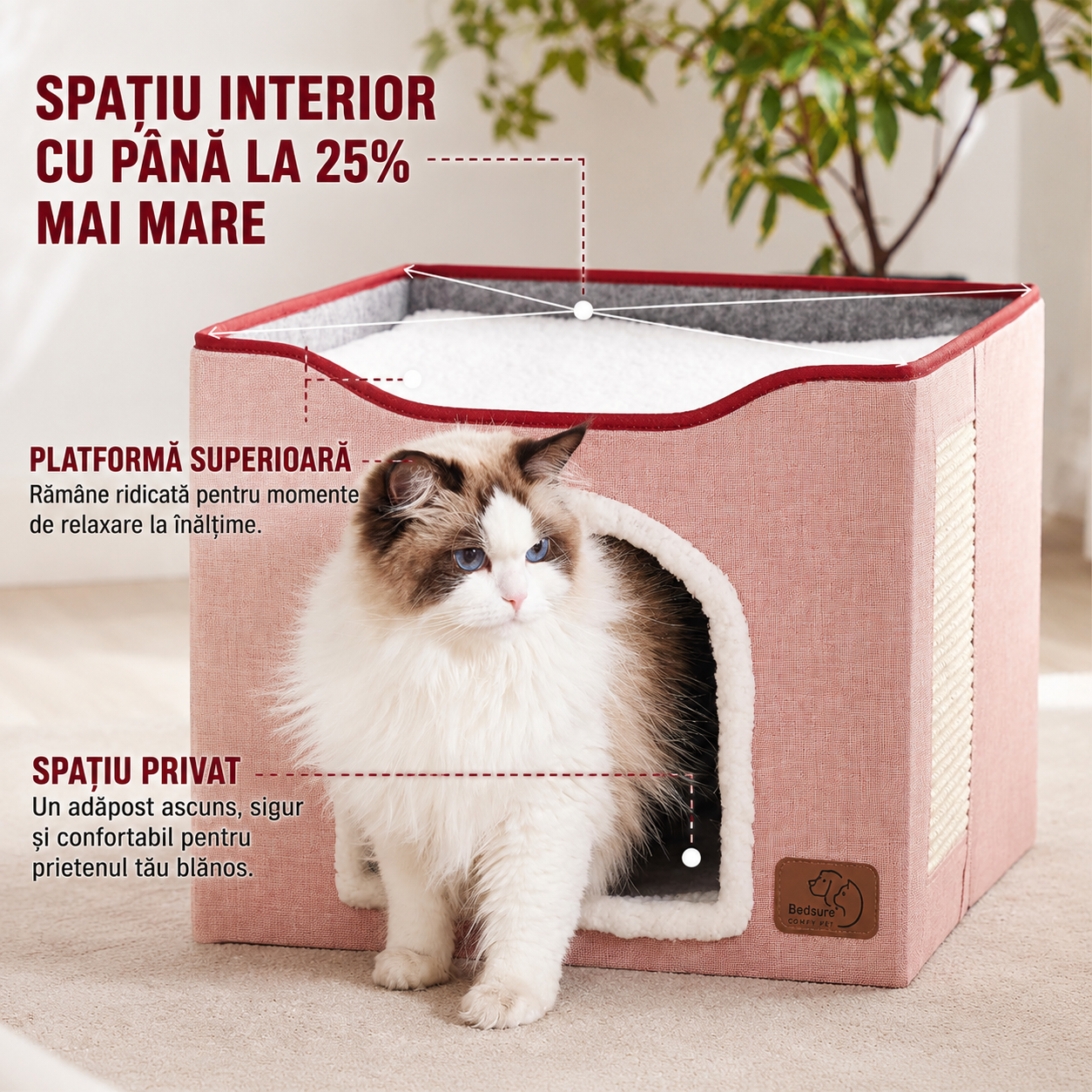 Casa pentru pisici NextWave® cu doua zone, bila pufoasa si zona de zgariat, Pliabila, Moale si pufoasa, Respirabila, Usoara