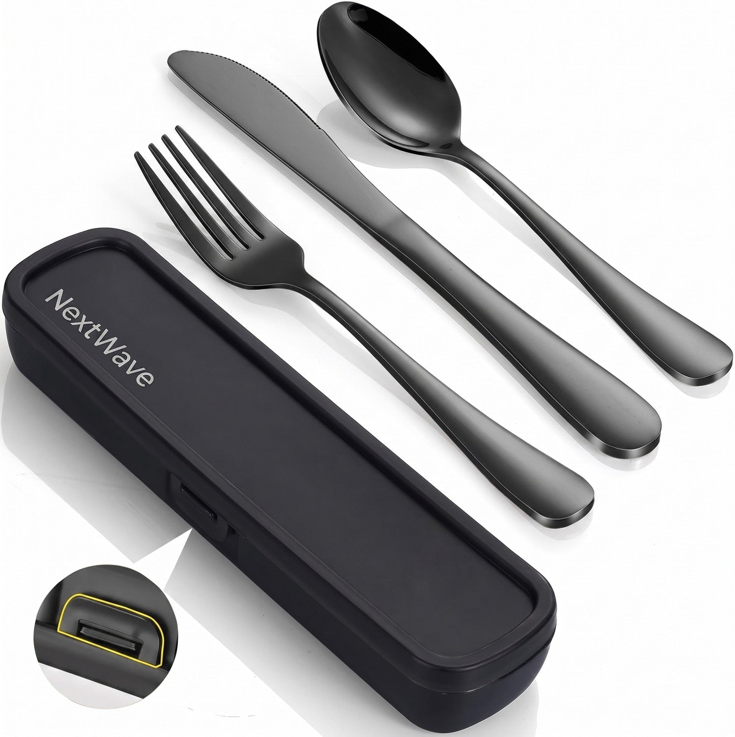 Set tacamuri portabile de calatorie NextWave® cu caseta de transport ranforsata si inchidere cu clema, 4 piese compacte din