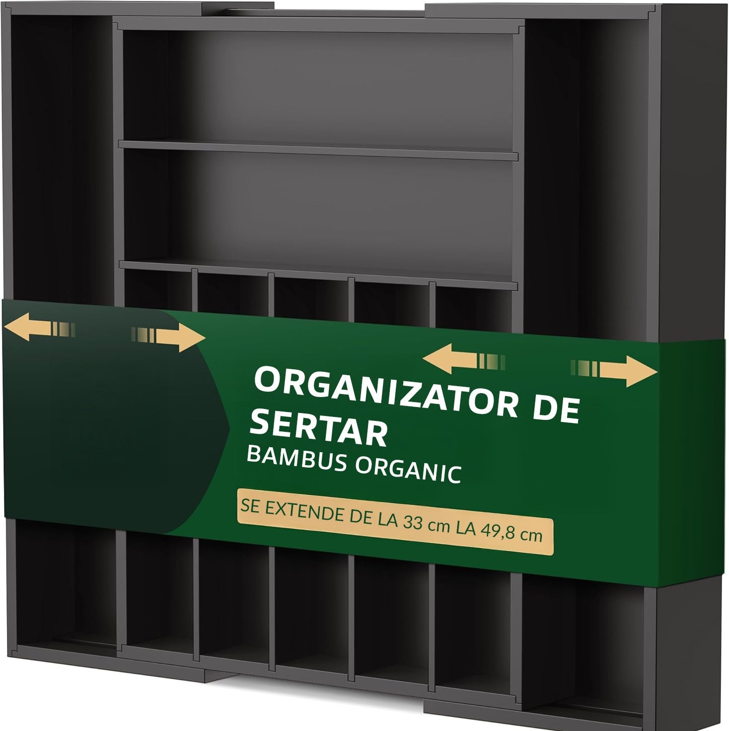 Organizator extensibil pentru tacamuri si ustensile NextWave – bambus natural lacuit, finisaj negru elegant, 9 compartimente