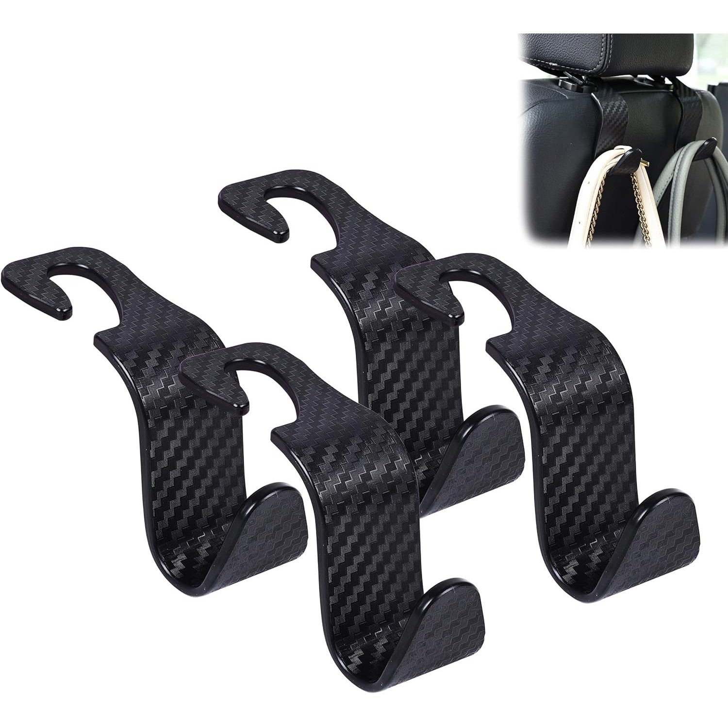 Set 4 carlige spatar auto NextWave®️, textura fibra de carbon, capacitate mare pana la 10 kg, pentru organizare si