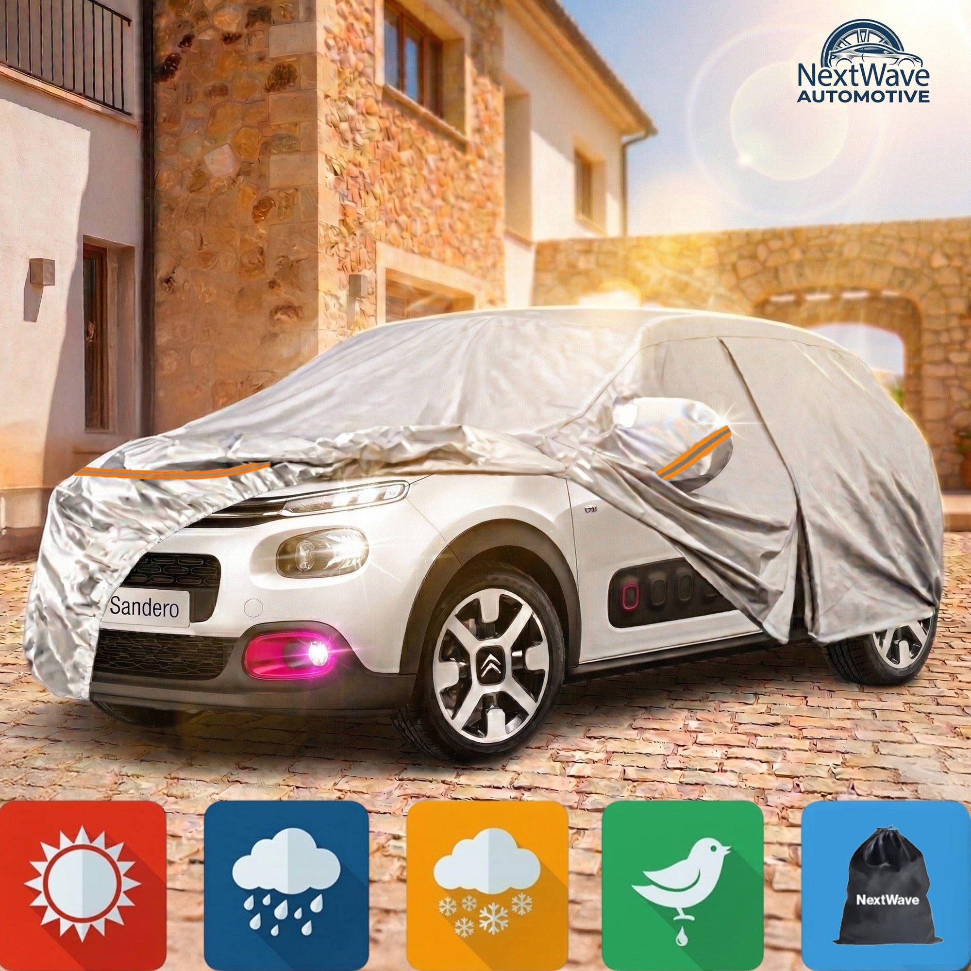 Prelata Auto Premium NextWave®️, Impermeabila, Protectie UV, Praf, Zapada, Inghet, Universala pentru Sedan, Buzunare