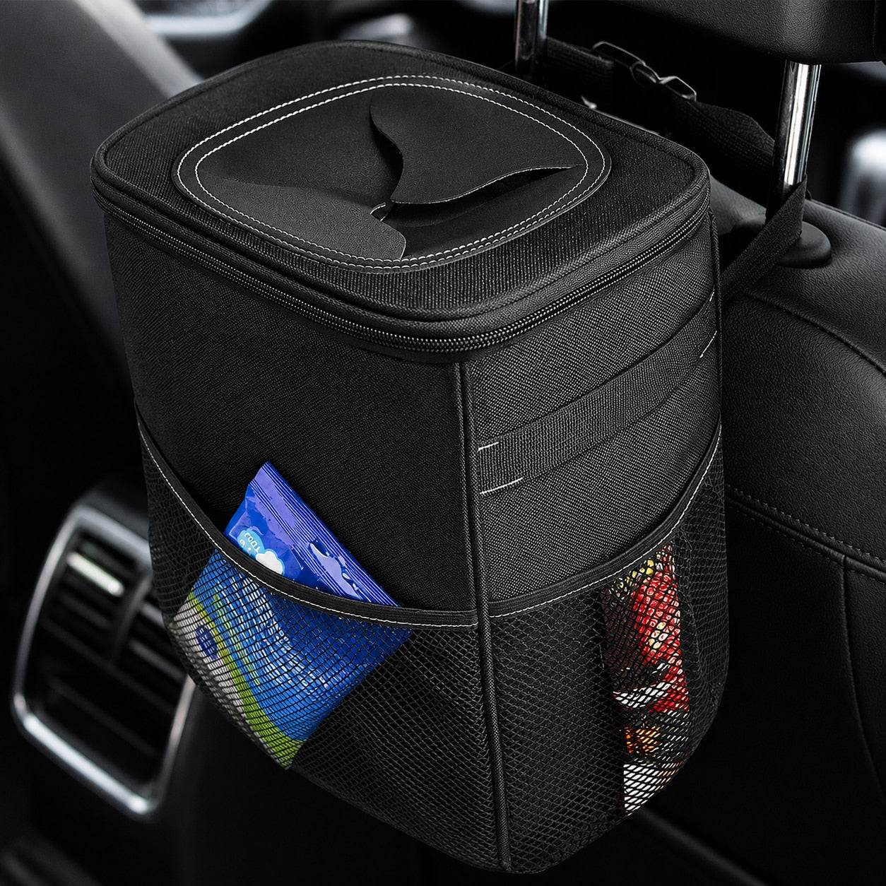 Cos de gunoi auto NextWave®, pliabil si impermeabil, capacitate 7, 6 L, curea reglabila pentru tetiera sau consola, 4 capse