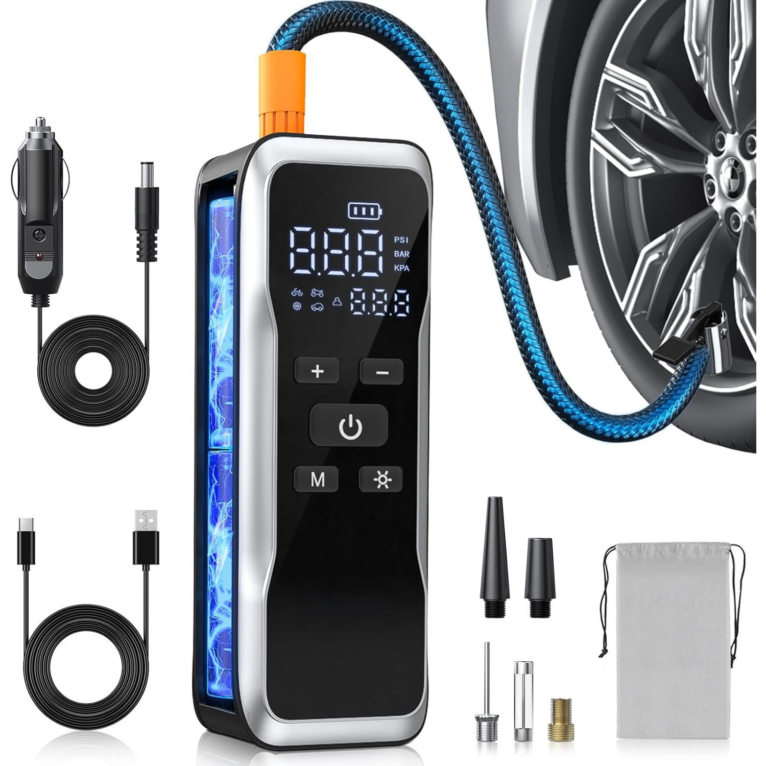 Compresor auto portabil NextWave, 150 PSI, 34 L/min, alimentare duala, Negru Metalic, 4,4x19,5x6,2 cm