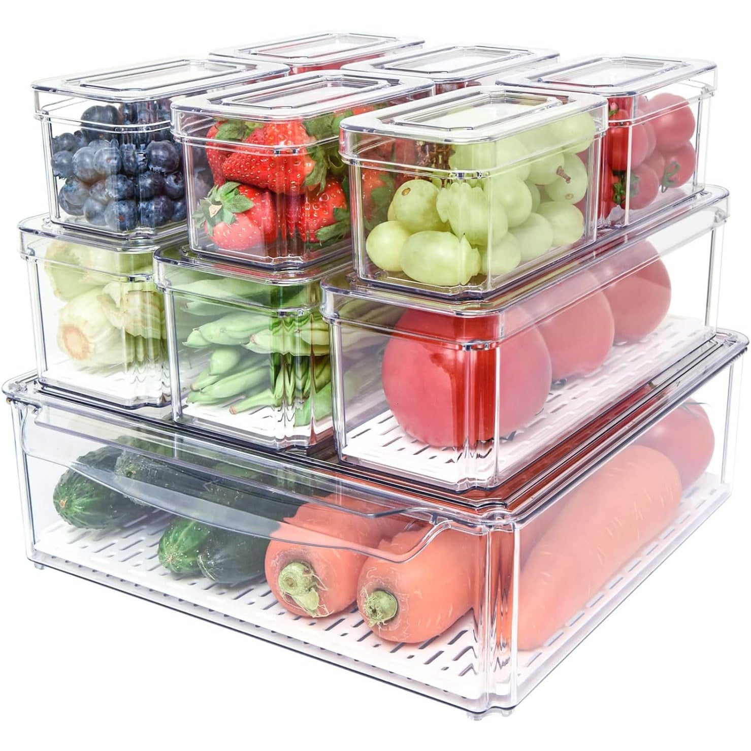 Set 10 organizatoare alimentare NextWave® pentru frigider – cutii cu capace suprapozabile, transparente, BPA Free, ideale