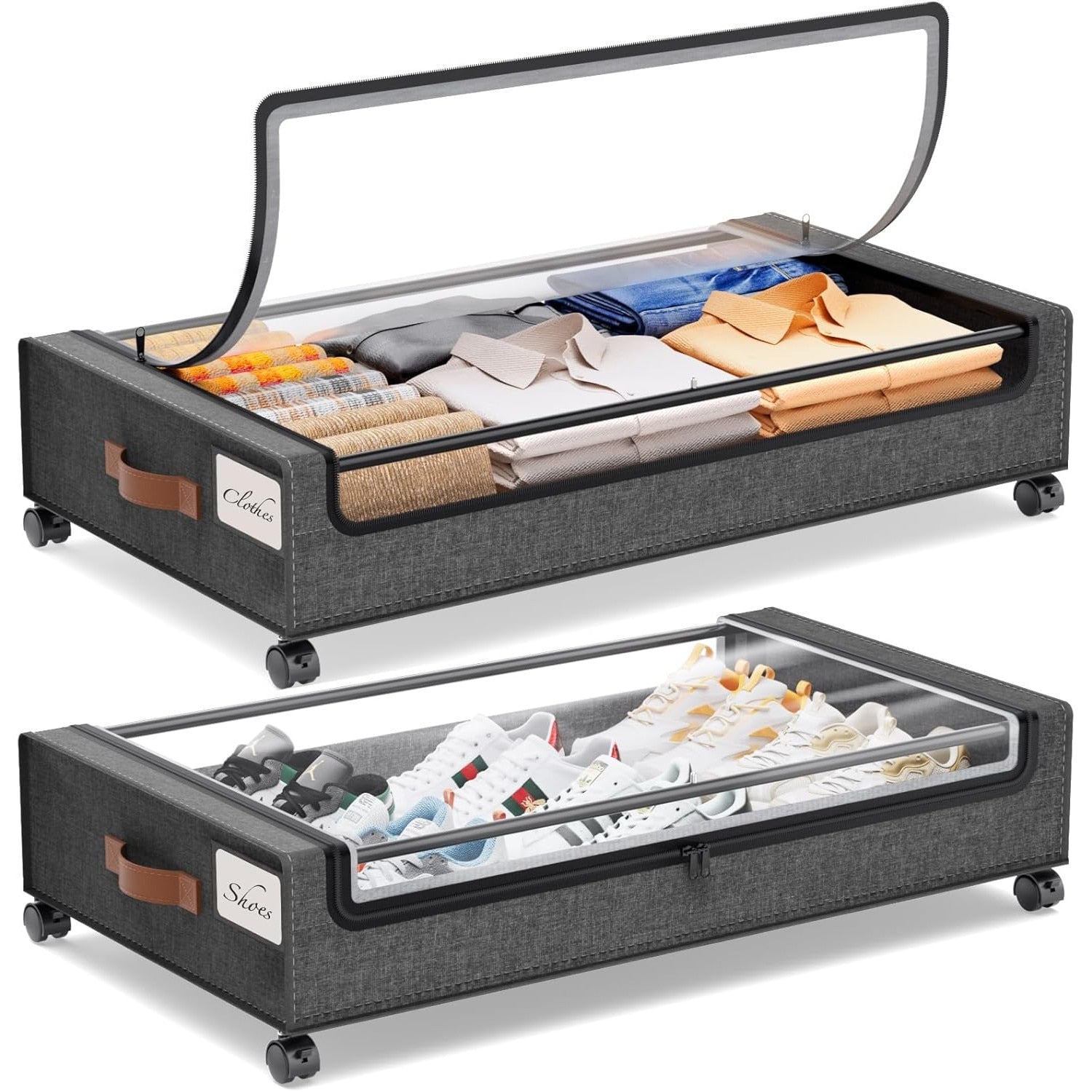 Set de 2 Organizatoare sub pat cu roti NextWave®️, capacitate mare, organizarea pantofilor, hainelor si paturilor