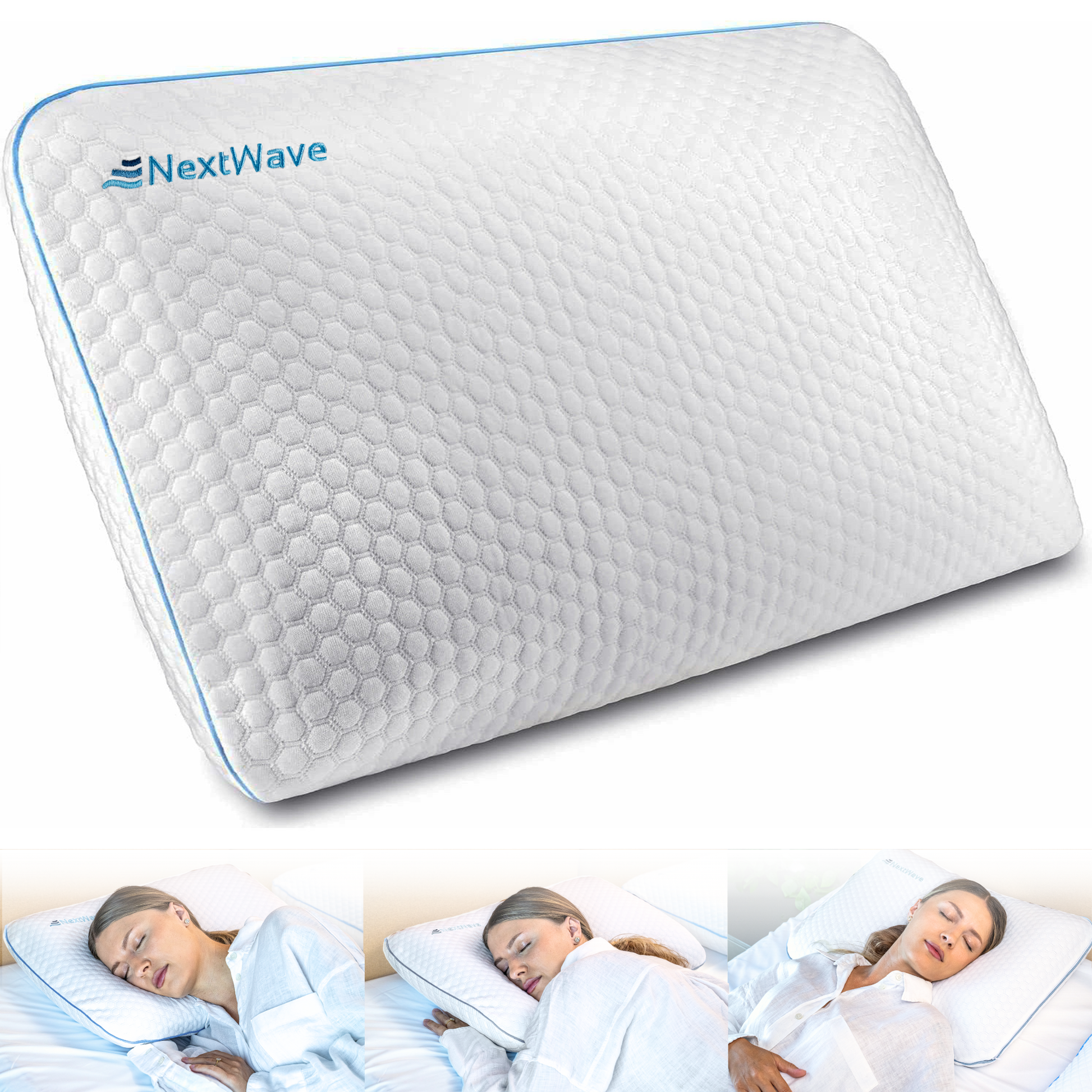 Perna ortopedica pentru dormit NextWave, Spuma cu Memorie cu gel ventilata, Husa detasabila cu 2 zone termice, ergonomica