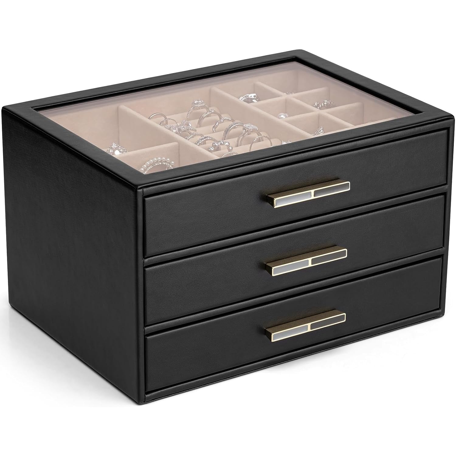 Cutie de bijuterii, organizator cu capac transparent, spatiu de depozitare 3 sertare pentru coliere, inele, cercei