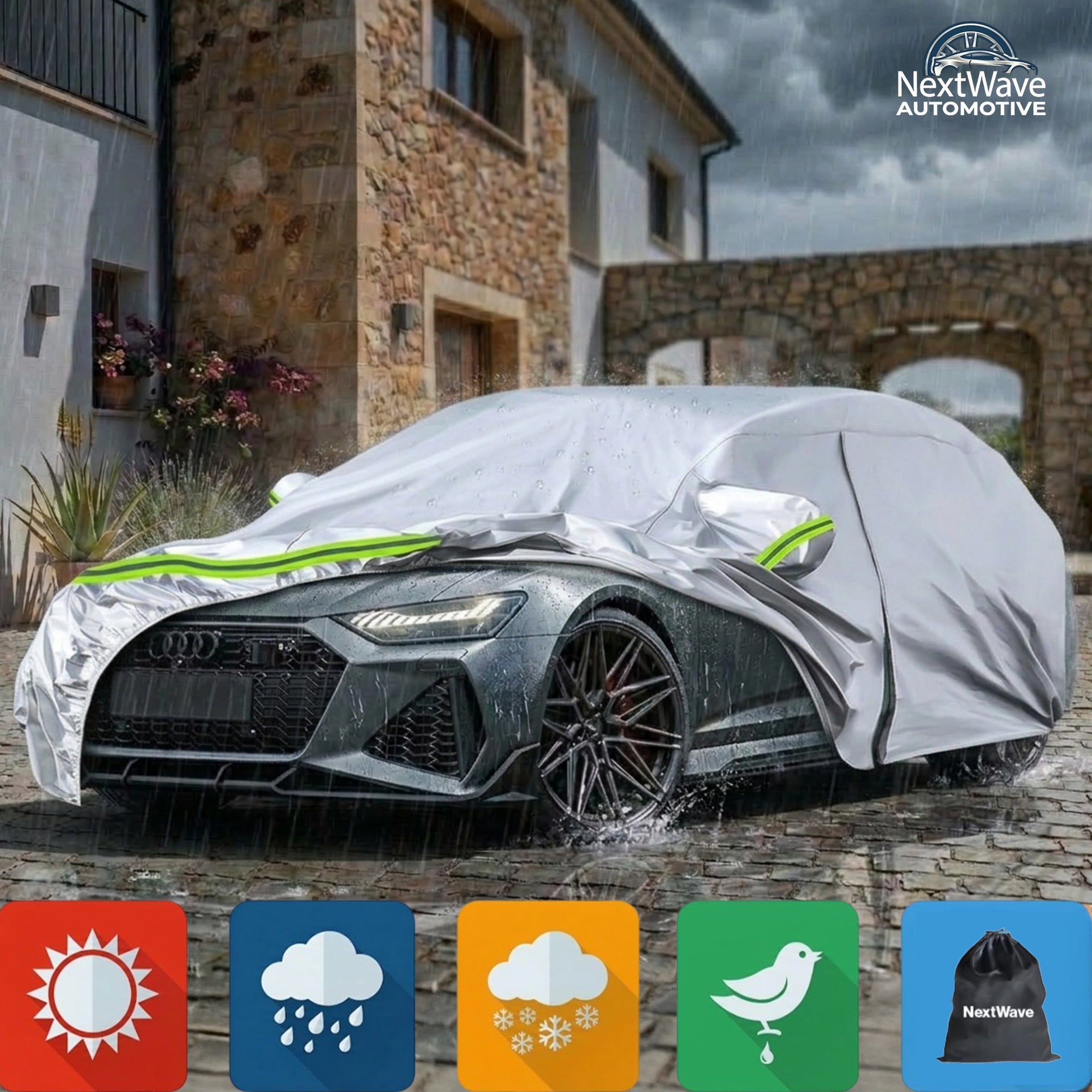 Prelata Auto Premium NextWave®️, Impermeabila, Protectie UV, Praf, Zapada, Inghet, Universala pentru Sedan, Buzunare