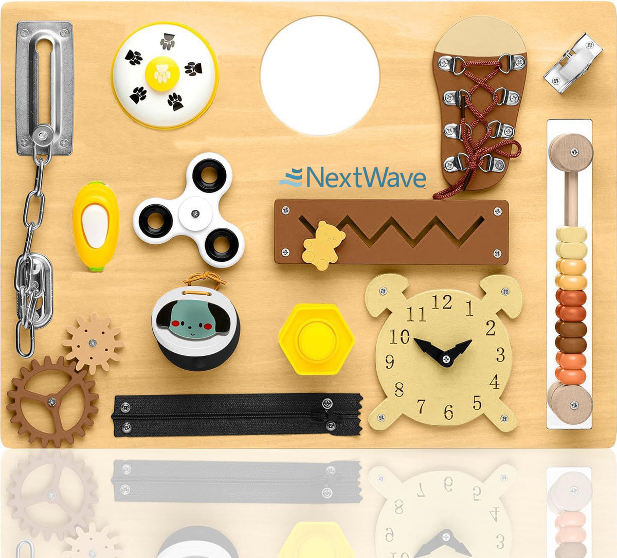 Placa senzoriala NextWave®, tabla de activitati Montessori din lemn cu 14 activitati educationale pentru invatarea