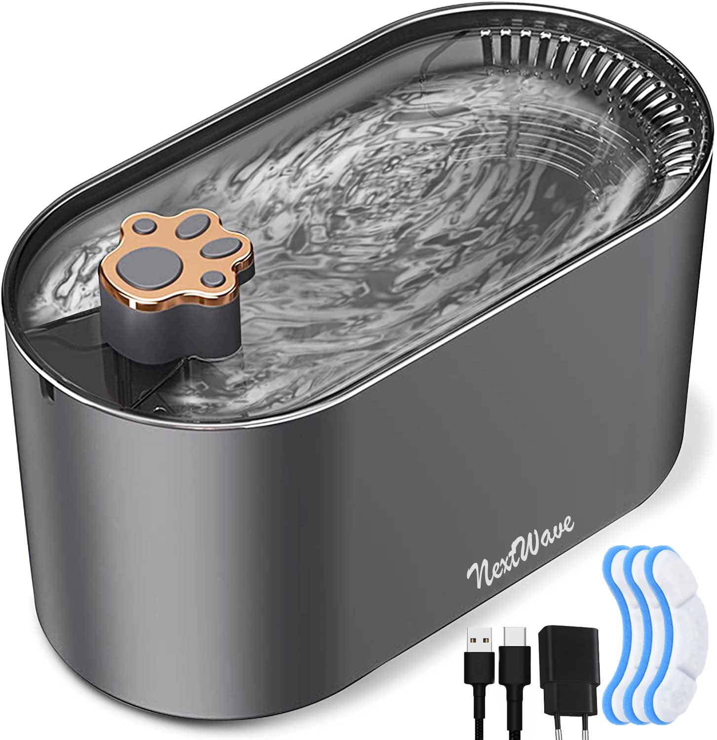 Dispenser apa automat NextWave®, tip fantana pentru pisici si caini, cu purificare si filtrare prin carbune activ, 2 filtre