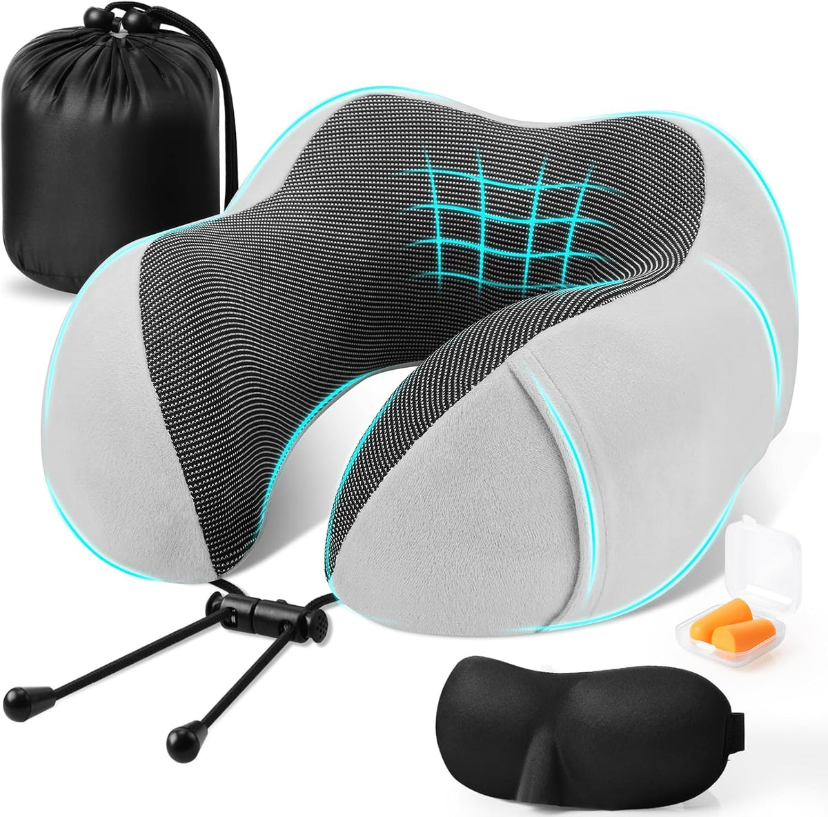 Pernă de călătorie pentru gât NextWave®️, suport ergonomic 360° pentru cap și bărbie, cataramă reglabilă, include mască de