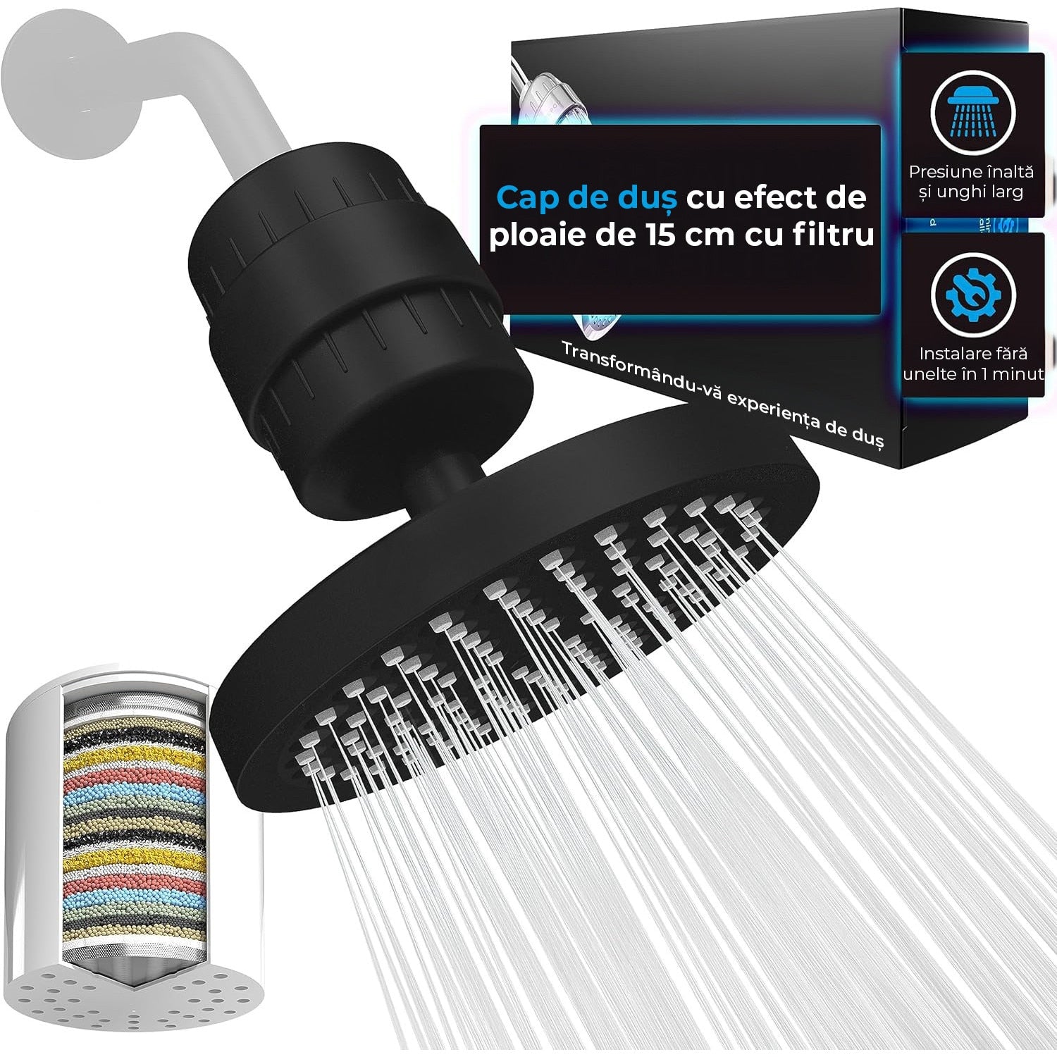 Filtru de apa premium NextWave® pentru para de dus cu 23 stagii de filtrare, usor de instalat, infuzie de minerale si