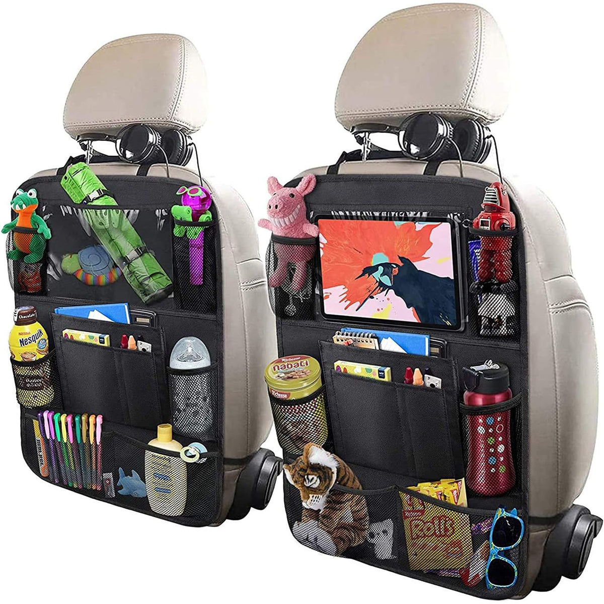 Set 2 organizatoare spatar scaun auto NextWave®️, protectie universala, buzunare multiple + buzunar mare pentru tableta