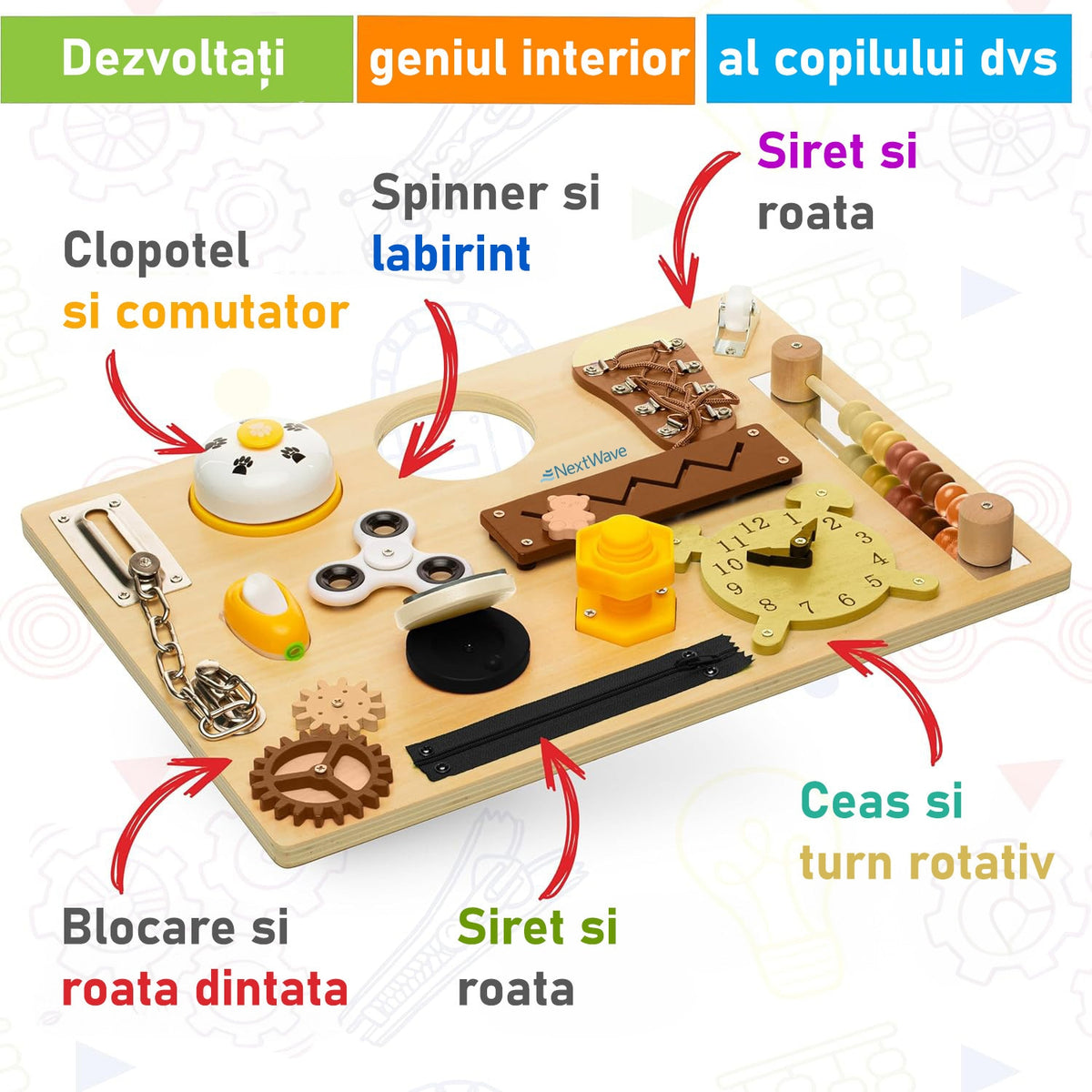Placa educativa din lemn NextWave® tip Montessori – jucarie senzoriala cu 14 activitati interactive pentru stimularea – imaginea 2