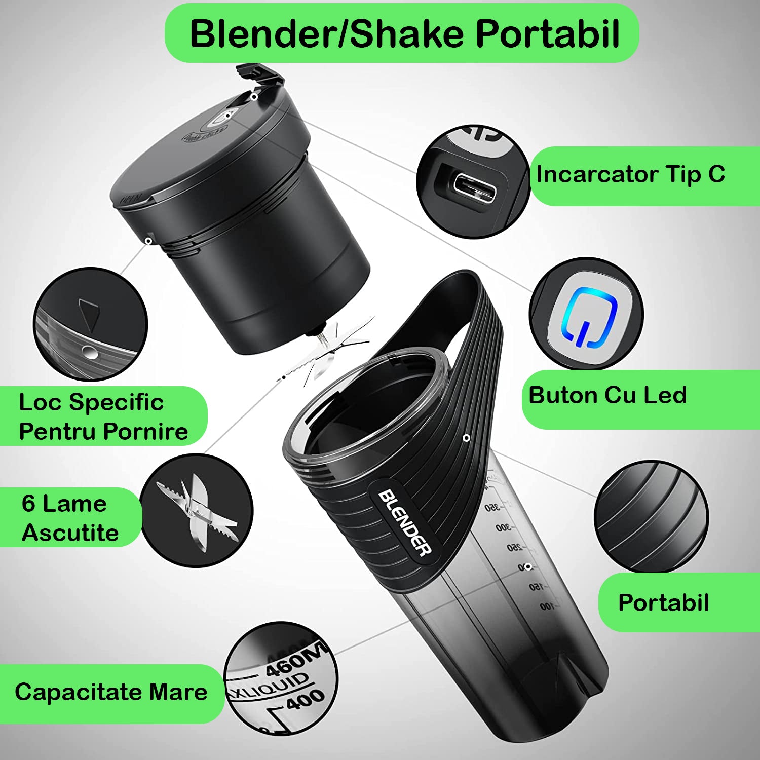 Mini Blender Electric NextWave™, Portabil, Multifunctional, Auto-curatare, Autonomie Mare, Baterie reincarcabila 4000mAh – imaginea 2