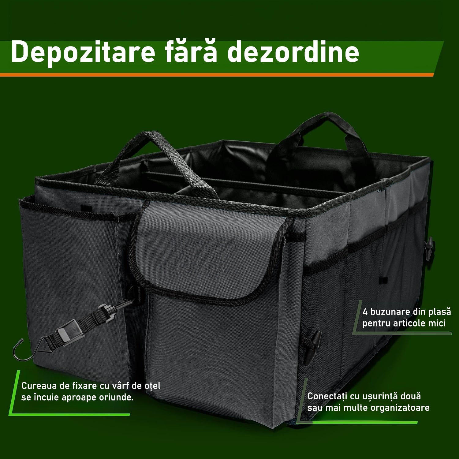 Organizator portbagaj auto NextWave®️ cu chingi de ancorare, Multifunctional, Pliabil, 9 compartimente, Capacitate 60L – imaginea 2