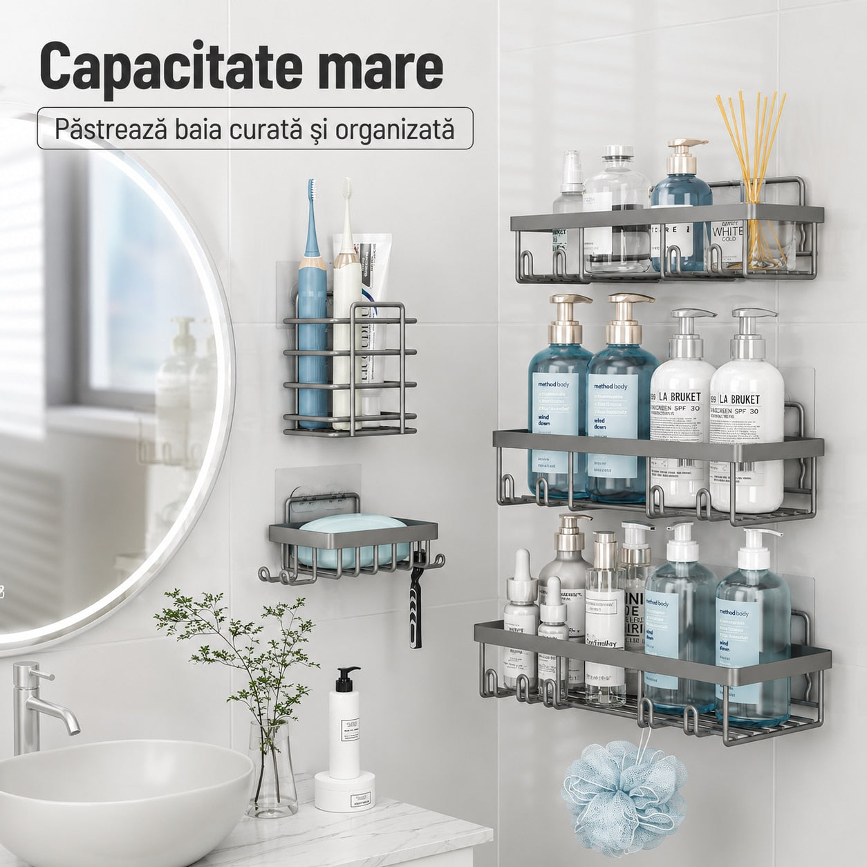 Raft de baie NextWave®, set 5 piese cu 3 etajere pentru dus, 1 suport pentru sapun si 1 suport pentru periute de dinti, din – imaginea 2